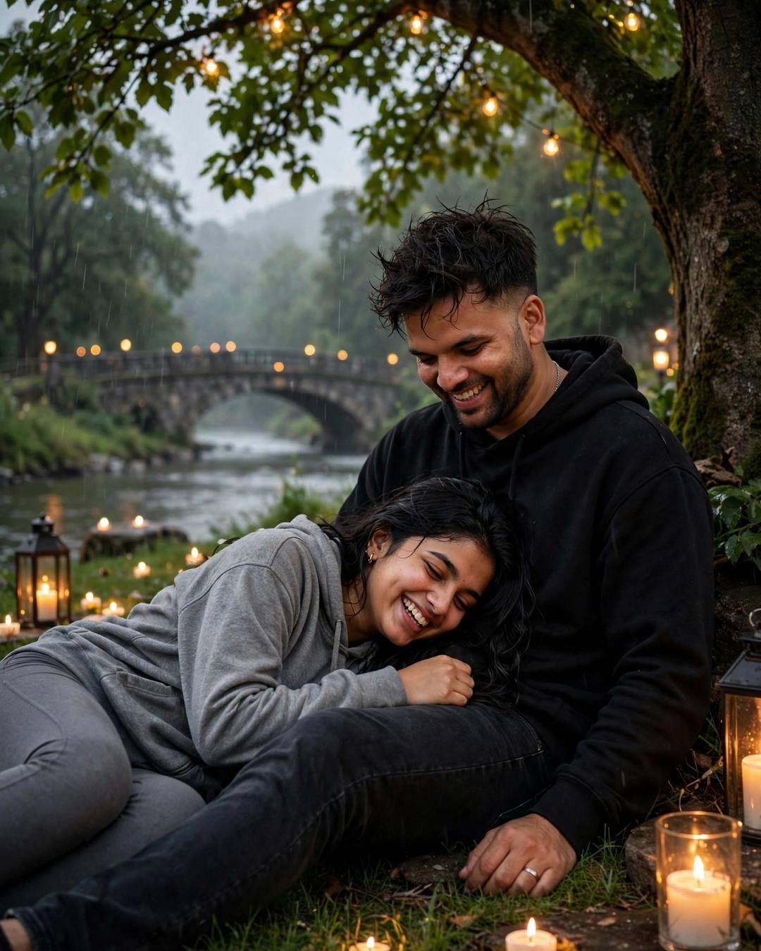 Couple laughing under a tree by a river, her head in his lap, candles and string lights, drizzle, photorealistic