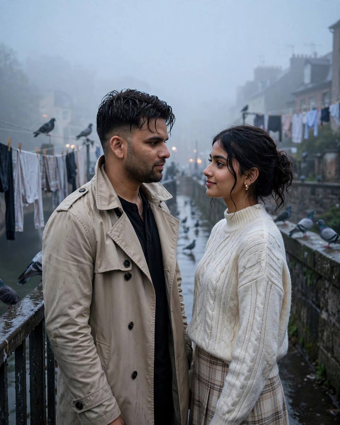 Couple facing each other on a foggy bridge at midnight, beige trench coat, cream knit sweater, photorealistic