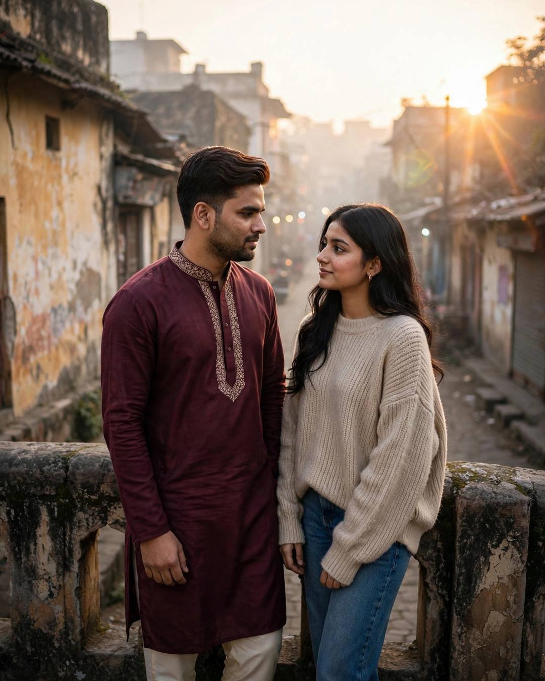 Couple facing each other on an old-city bridge at golden hour, maroon kurta, beige sweater, lens flare, photorealistic
