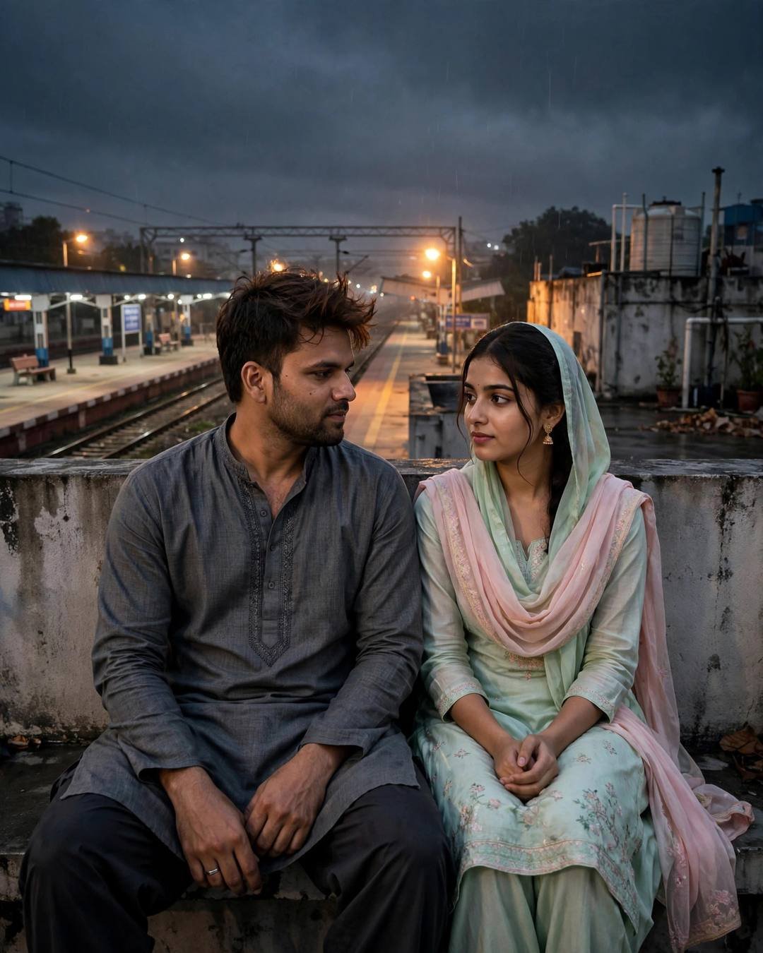 Couple sitting on a rooftop ledge overlooking an empty railway platform at midnight, grey kurta, pastel salwar-kameez, photorealistic