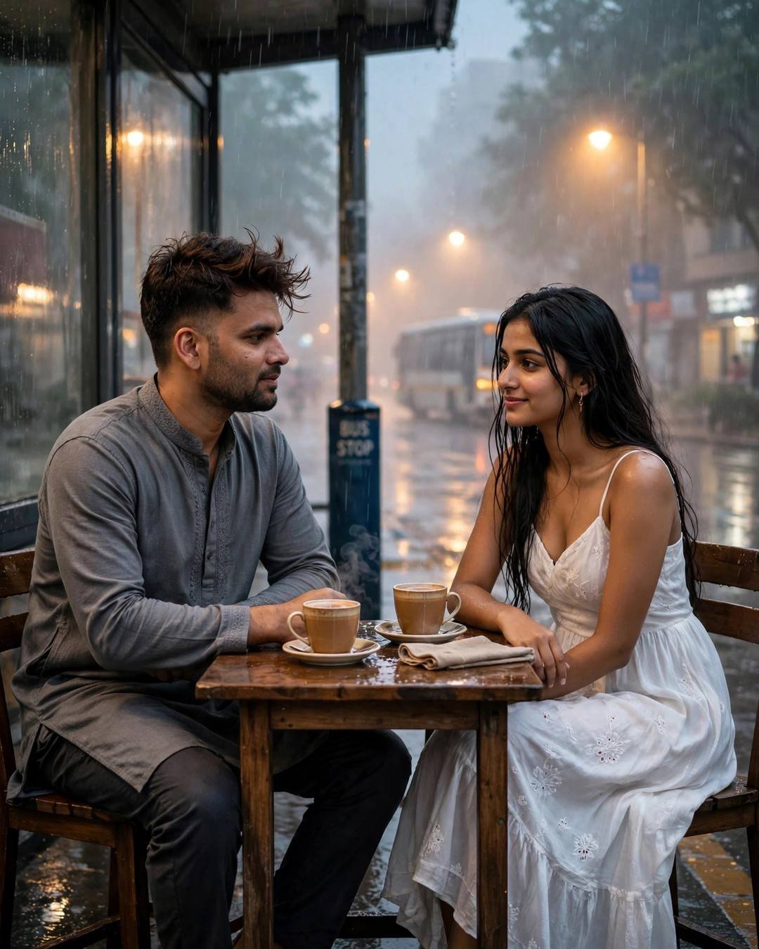 Couple sitting across a small table with chai cups at a bus stop in rain, grey kurta, white dress, photorealistic