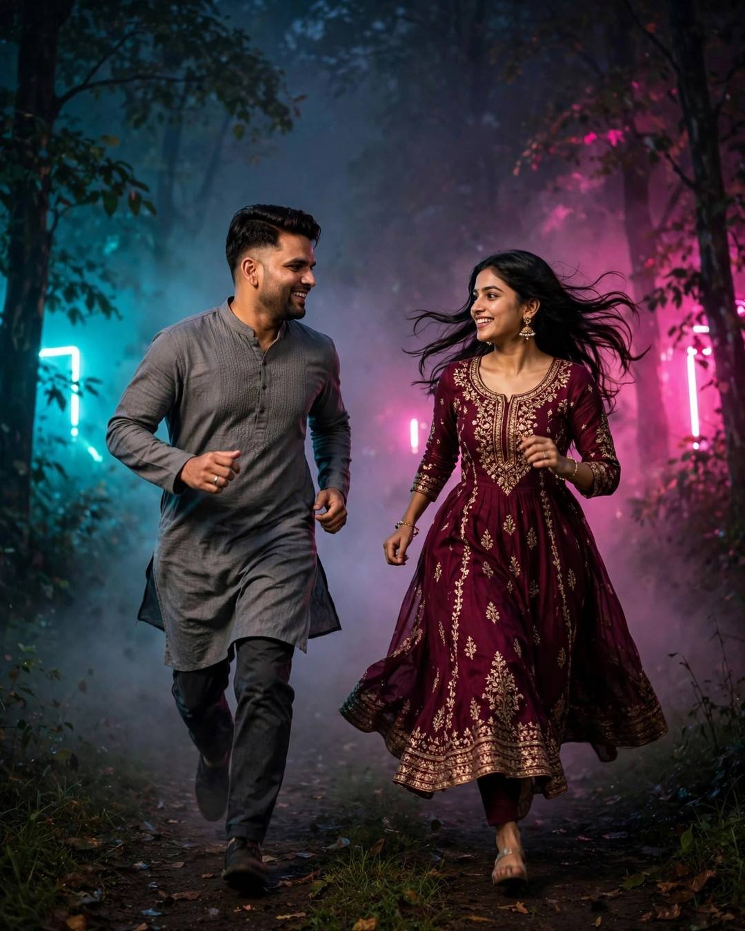 Couple running and laughing down a misty neon-lit forest path