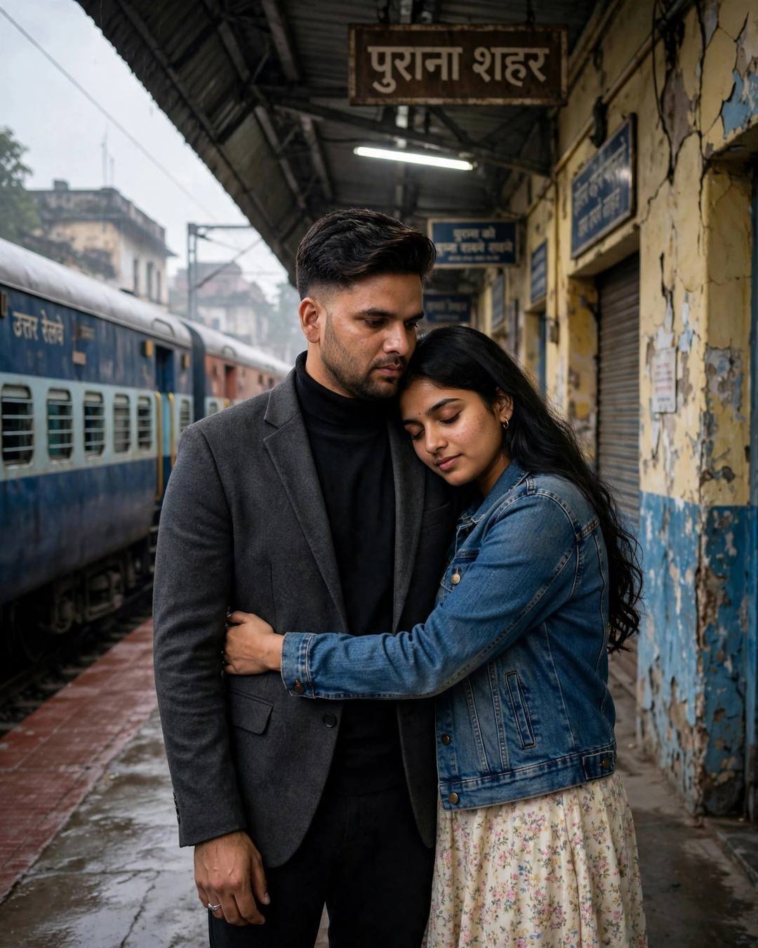 Couple embracing on an old-city railway platform beneath vintage signage