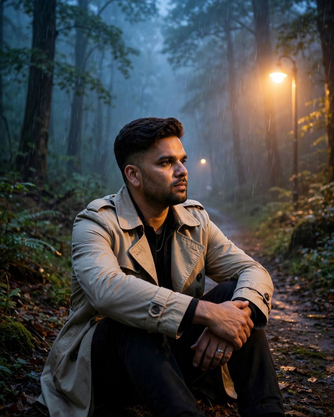 Man in beige trench coat sitting on a misty forest path under a flickering warm streetlamp in the rain