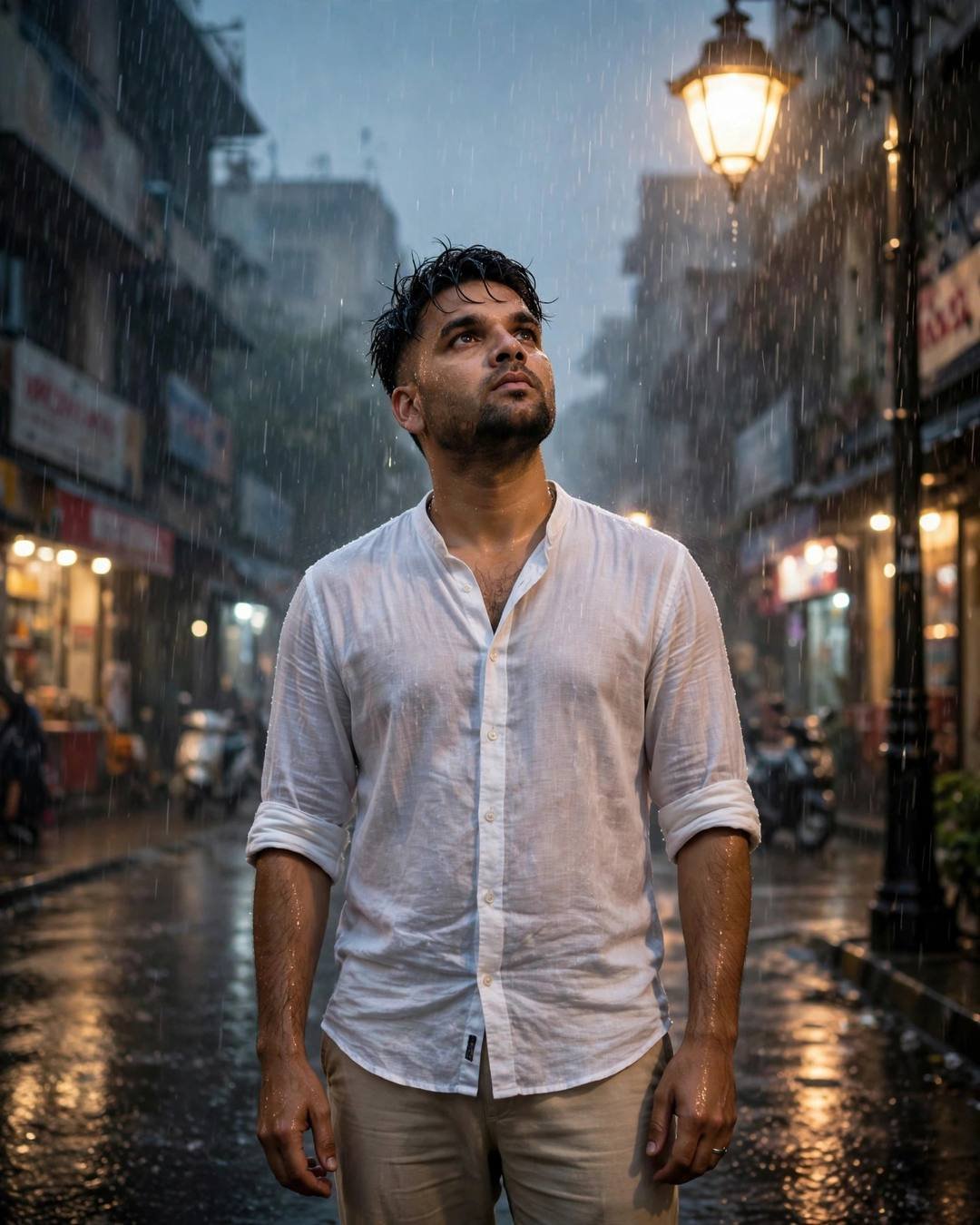 Young man in a white linen shirt standing in monsoon rain, face lifted to the sky