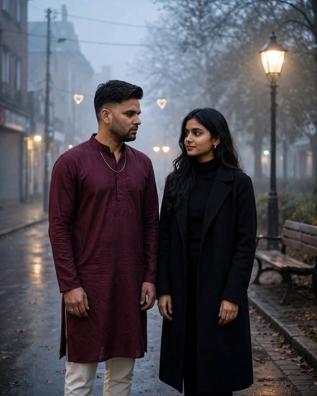 Couple walking together on a foggy street under a streetlamp, heart lights glowing
