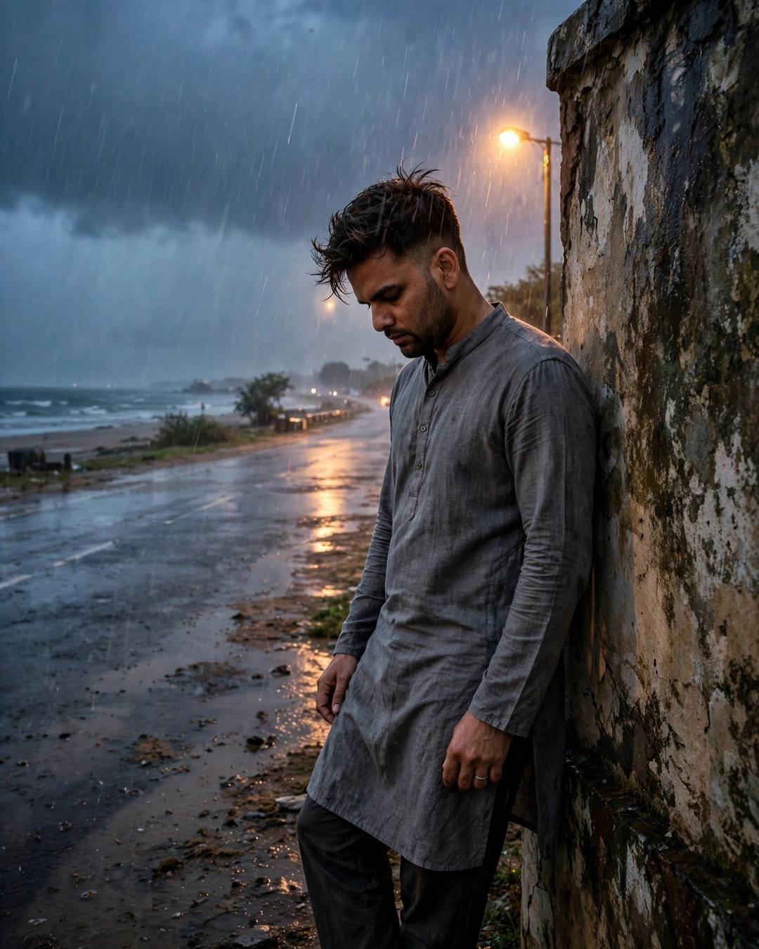 Young Indian man in a grey kurta leaning against a weathered wall in heavy monsoon rain beside a deserted beach road at dusk
