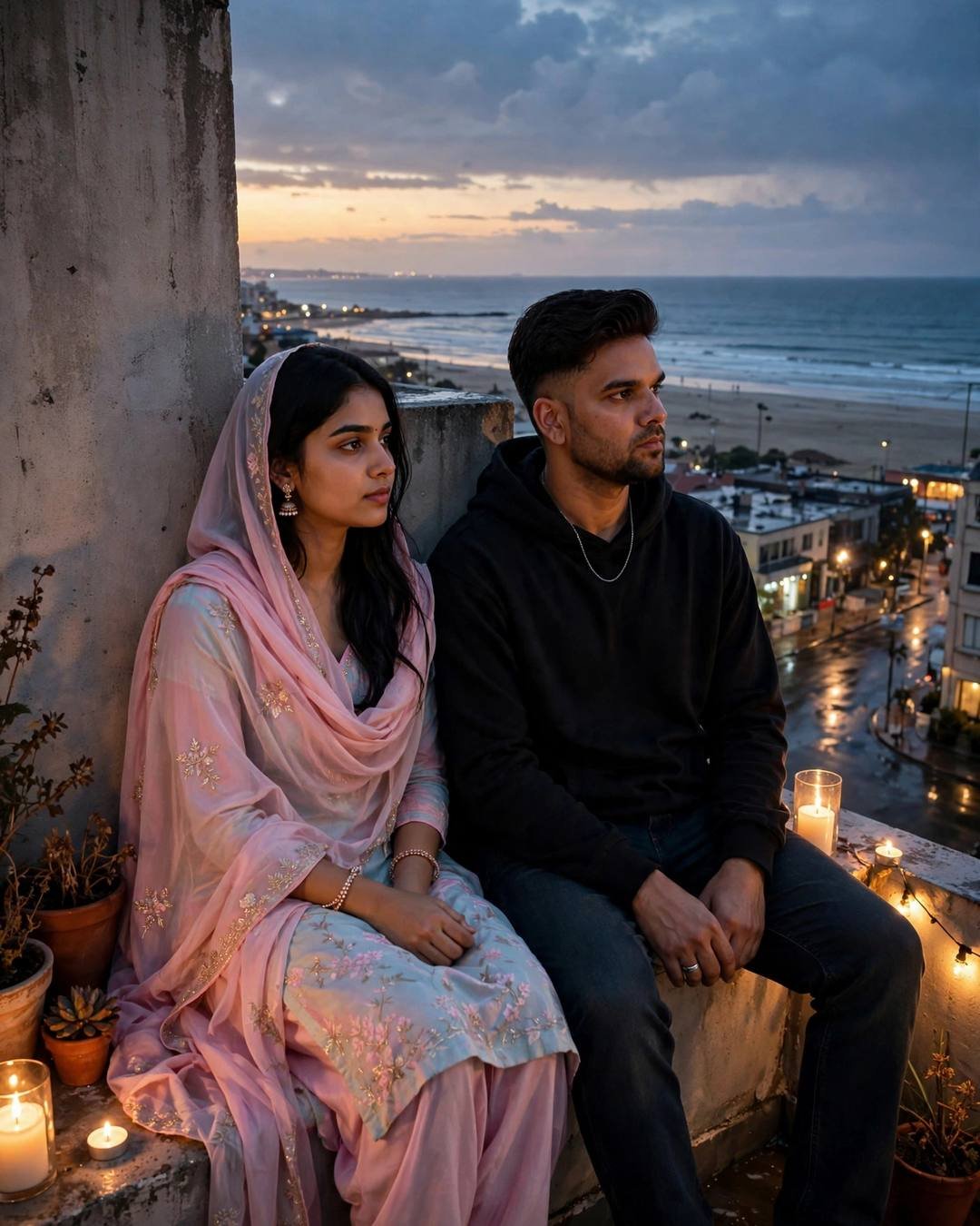 Couple sitting side by side on a rooftop ledge at dusk overlooking the sea, candles glowing beside them