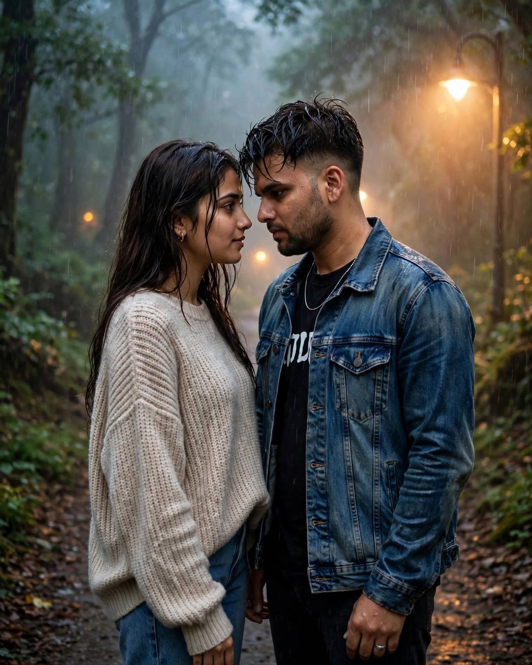 Couple standing face to face with foreheads almost touching on a misty rain-washed forest path under a glowing streetlamp
