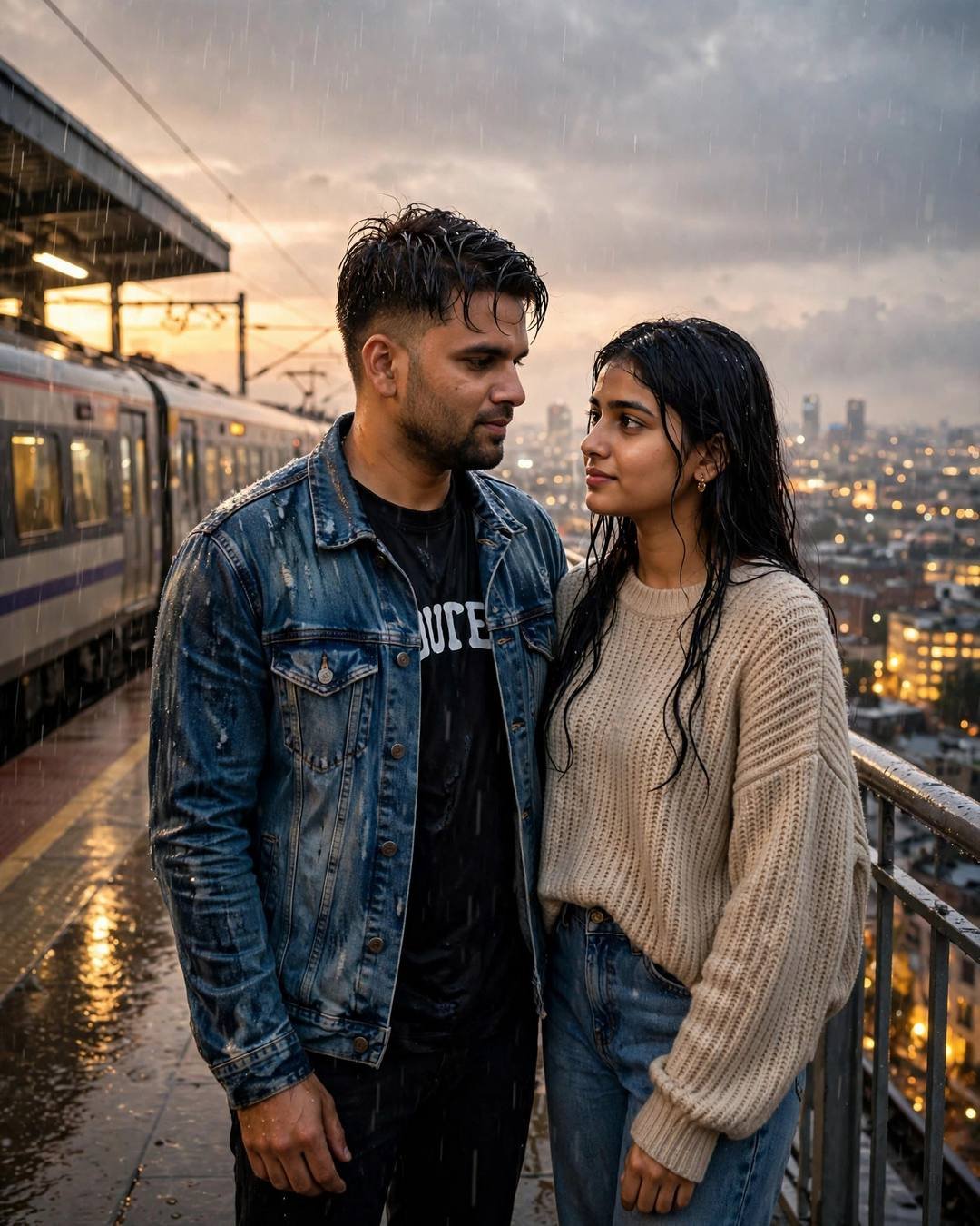 Couple standing on a rain-washed railway platform at golden hour with a waiting train and glowing city behind