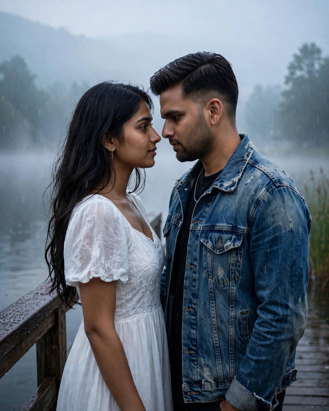 Couple with foreheads touching on a foggy lake pier at dawn in falling drizzle