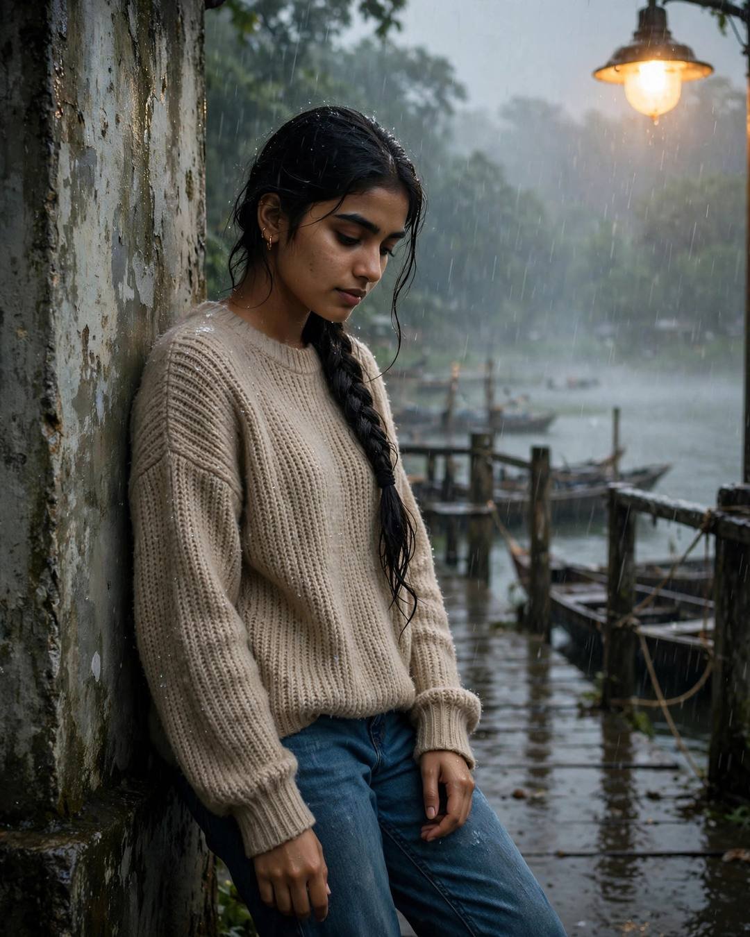 Young Indian woman in an oversized beige sweater and jeans with a long braid, leaning against a weathered wall on a rainy lake pier
