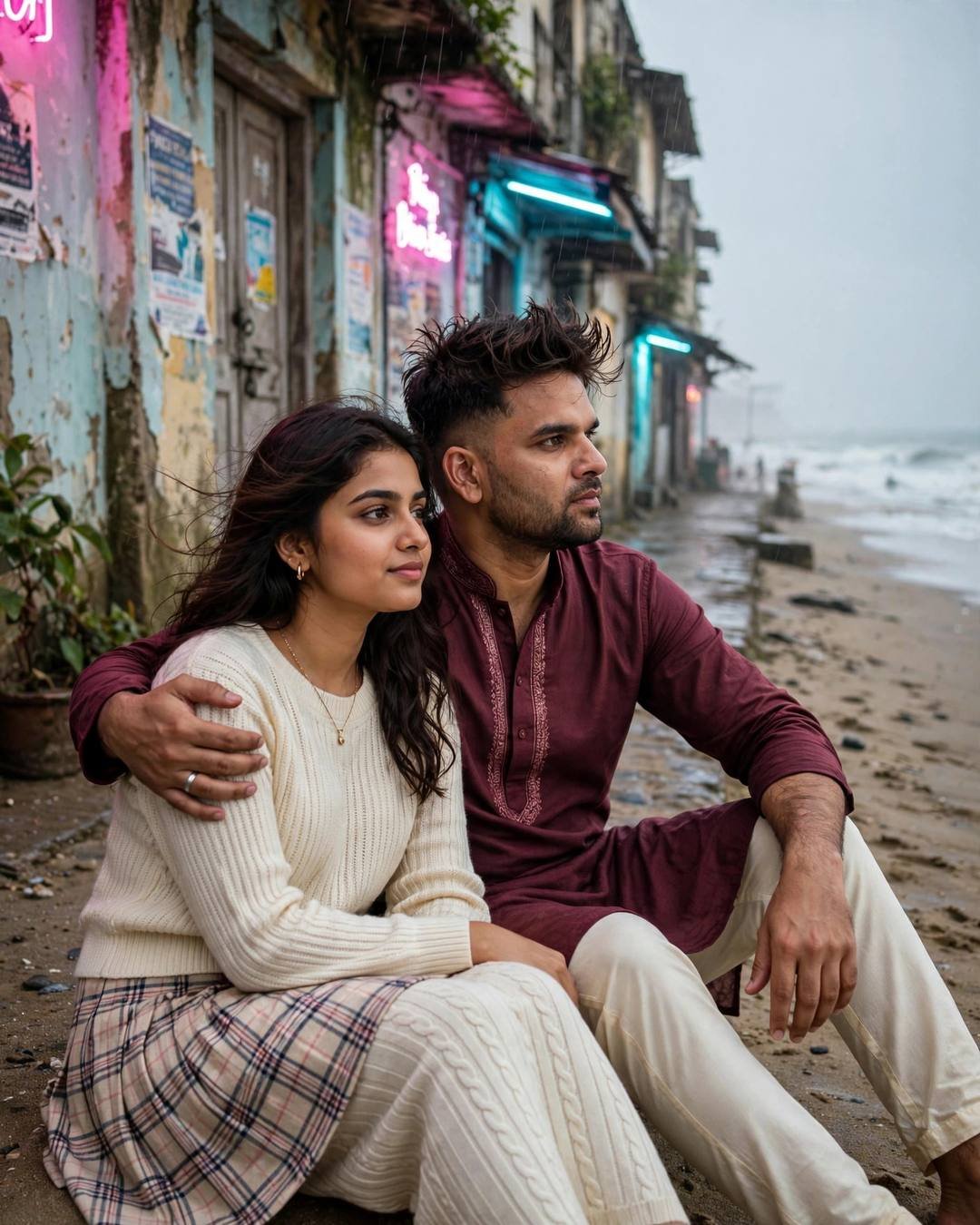 Couple sitting close on a rain-wet beachside lane with neon signs glowing pink and cyan