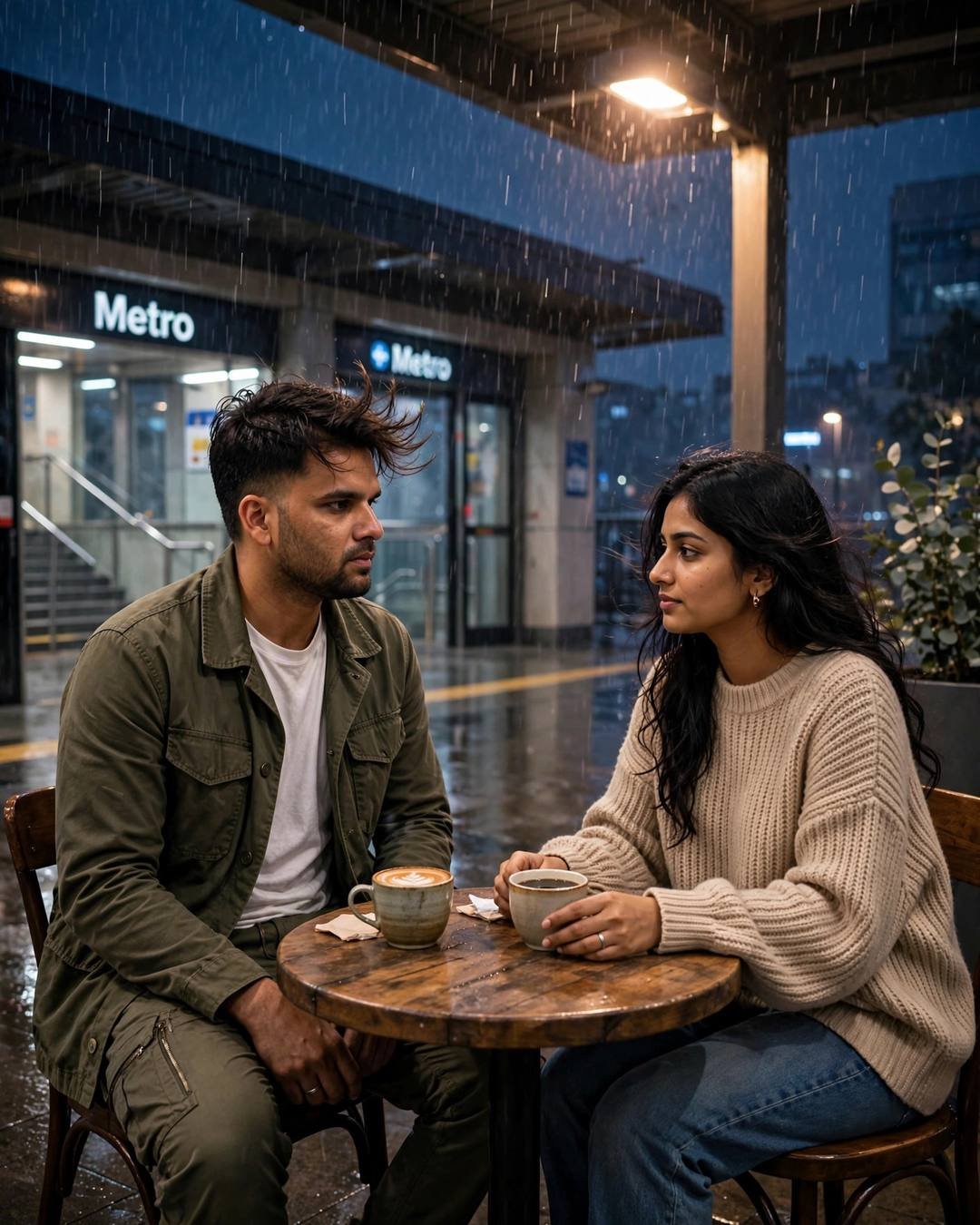 Young couple sharing coffee at a rain-washed metro station at midnight, woman's hand resting near the man's heart