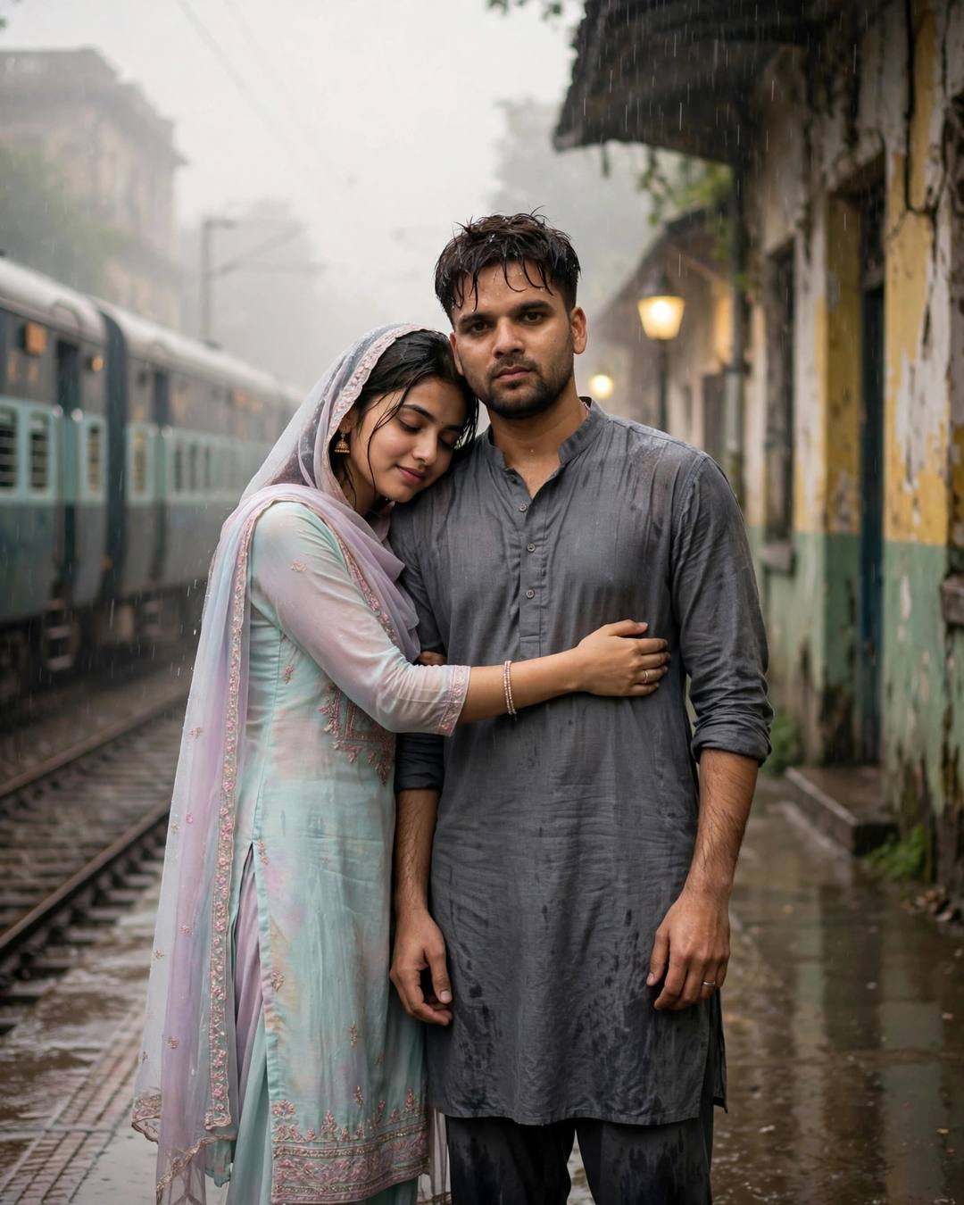 Couple embracing on a rainy old-city lane beside railway tracks, woman in pastel salwar-kameez resting her head on the man's shoulder