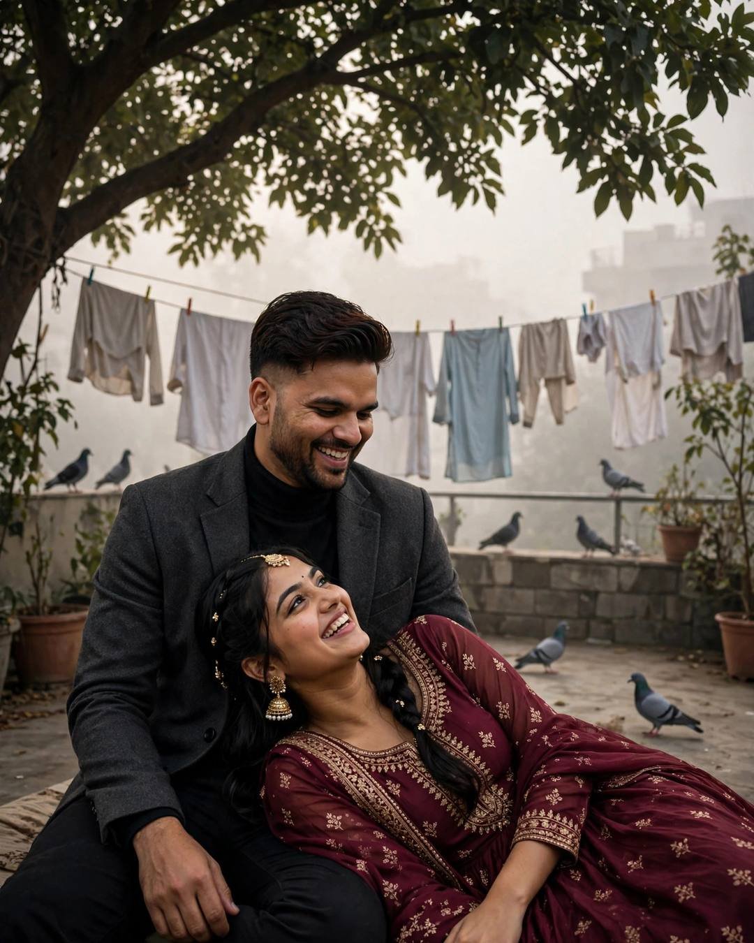 Laughing couple under a tree on a terrace with clotheslines and pigeons, woman in maroon anarkali leaning toward the man in a charcoal blazer