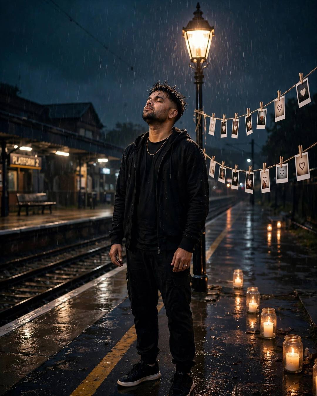 Young man in black streetwear standing under a streetlamp in the rain at night, face lifted to the sky, candles and heart polaroids around him
