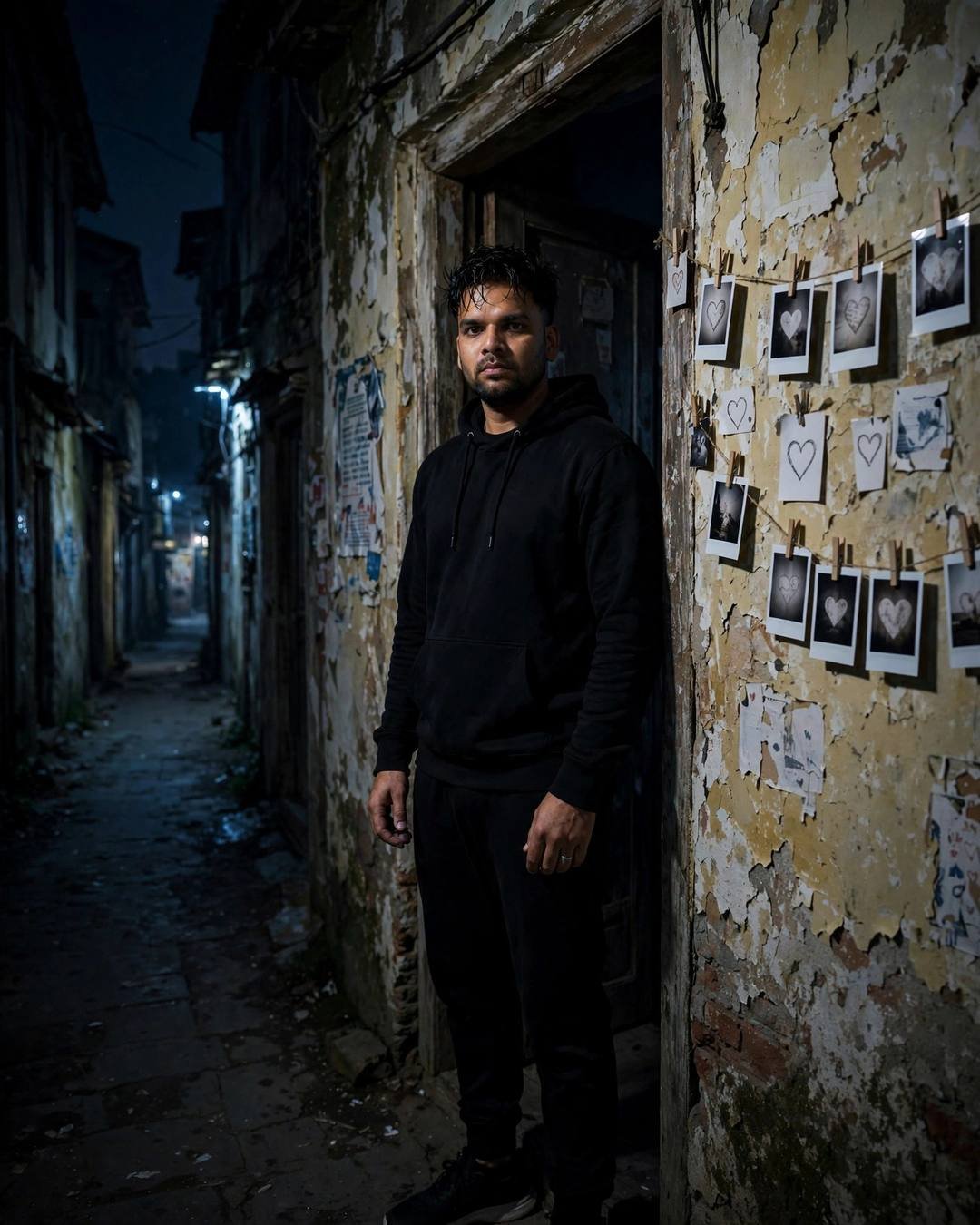 Young man in a black hoodie standing in a doorway at night, half in shadow, heart polaroids pinned on the peeling wall beside him