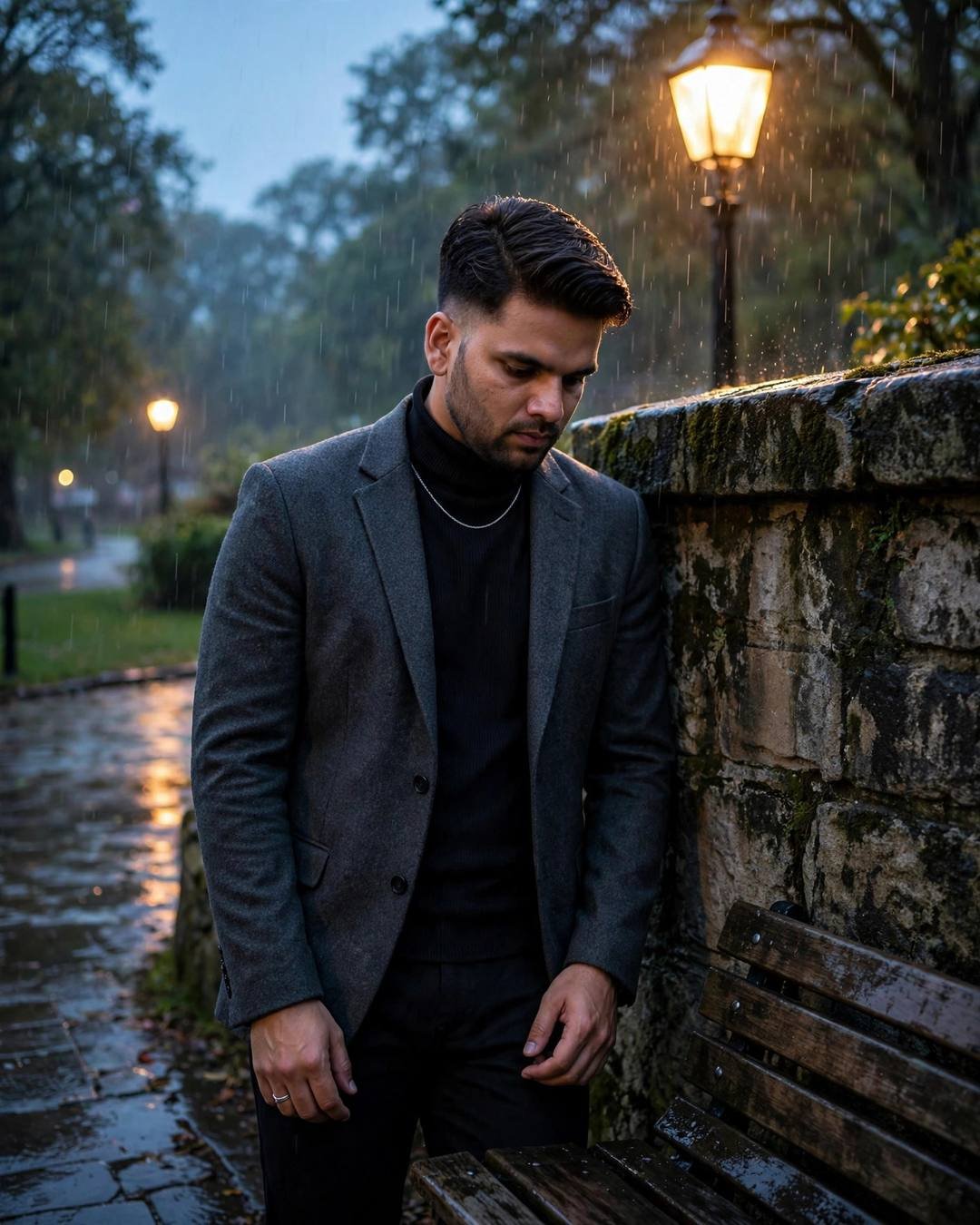 Young Indian man in charcoal blazer and black turtleneck leaning against a mossy wall under a lit lamp in the rain at dusk