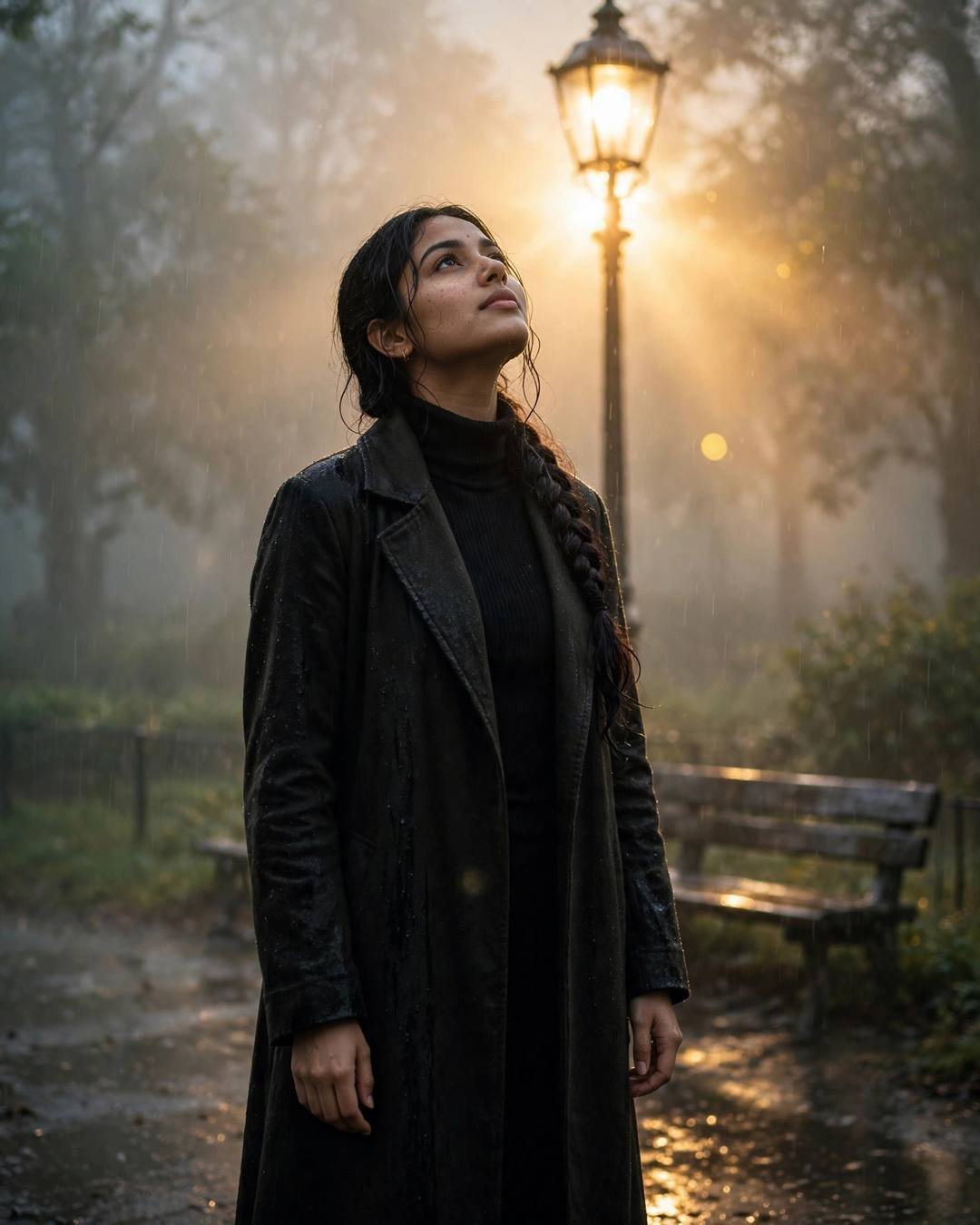 Young Indian woman in a black turtleneck and long coat standing under a streetlamp in the rain at dawn, face lifted, golden backlight flaring