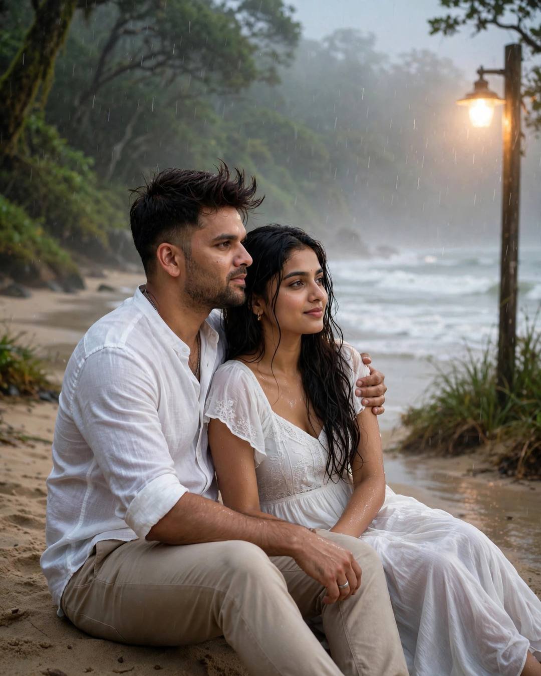 Couple in white sitting on a misty rainy beach, his arm around her, watching the waves