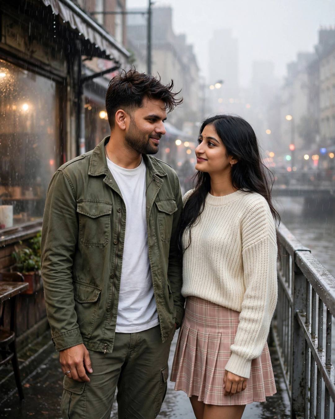 Couple smiling at each other on a rainy bridge beside an old café with fogged windows