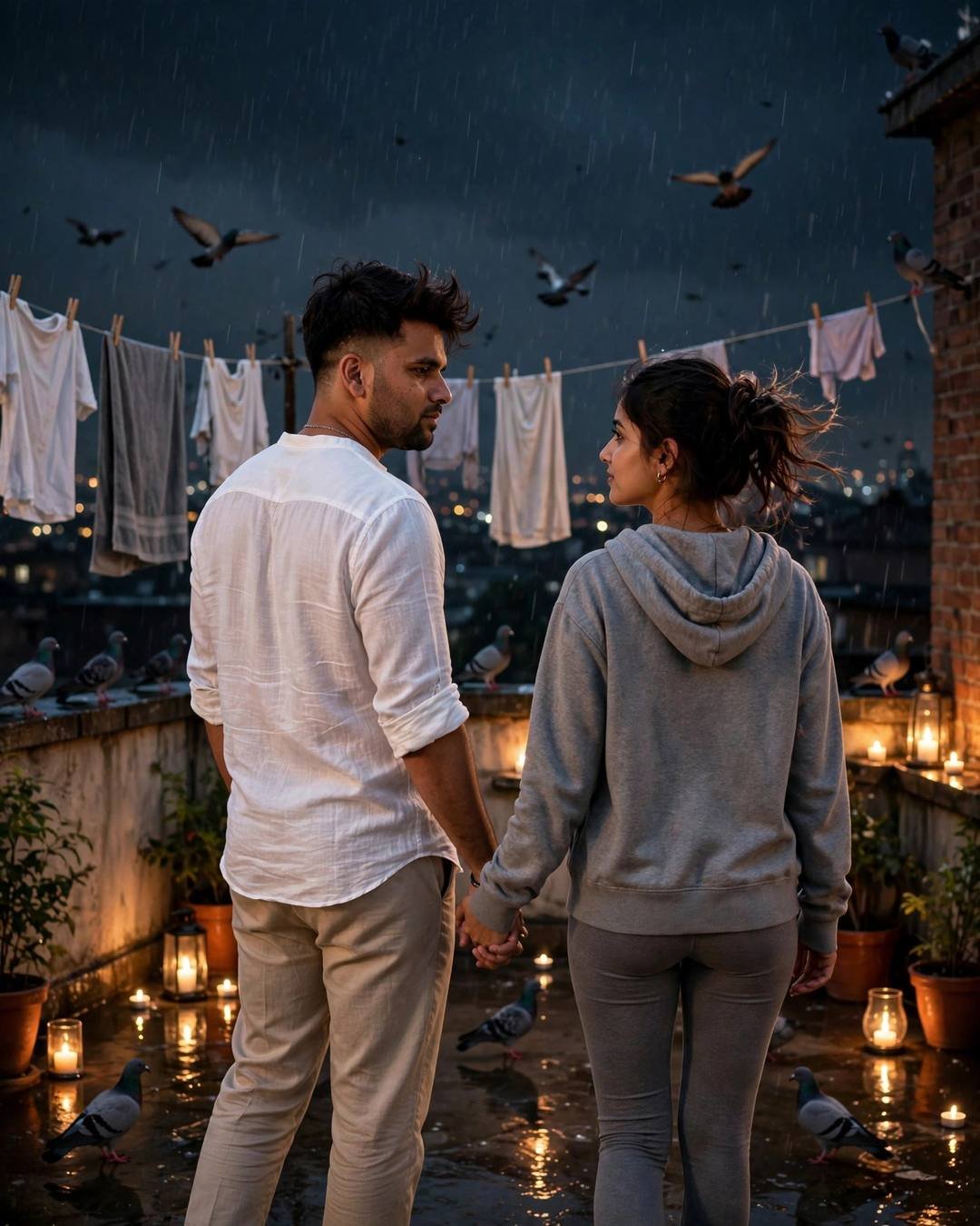 Couple holding hands on a rooftop terrace at midnight with candles and pigeons, laughing, city below, photorealistic