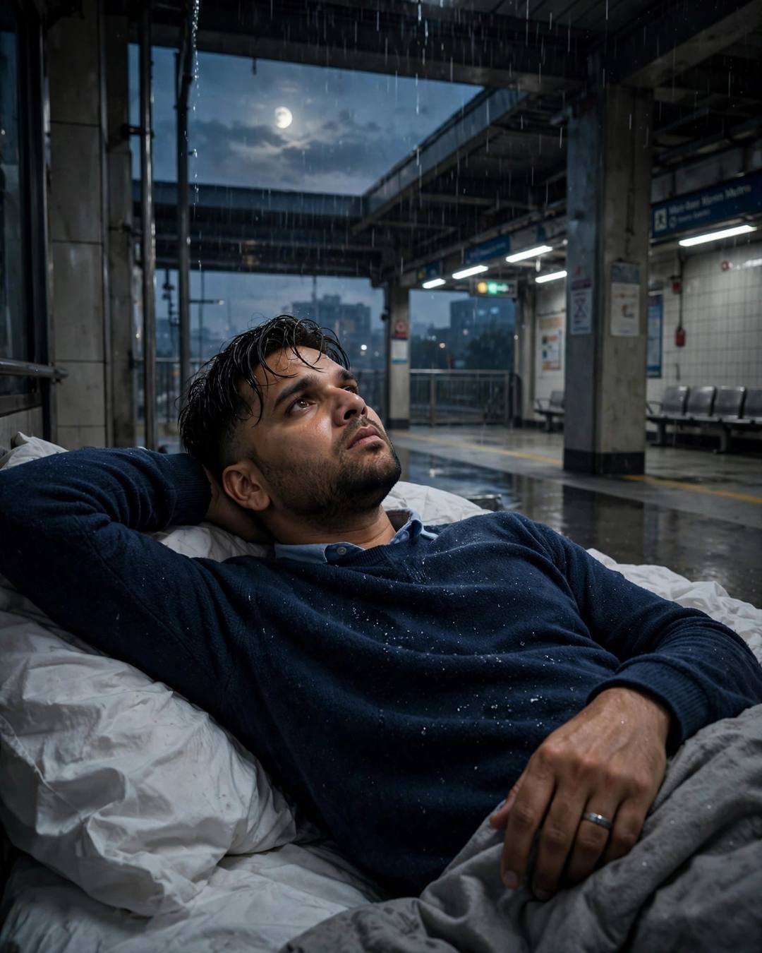 Young man in a navy sweater lying on a bed on an empty midnight metro platform