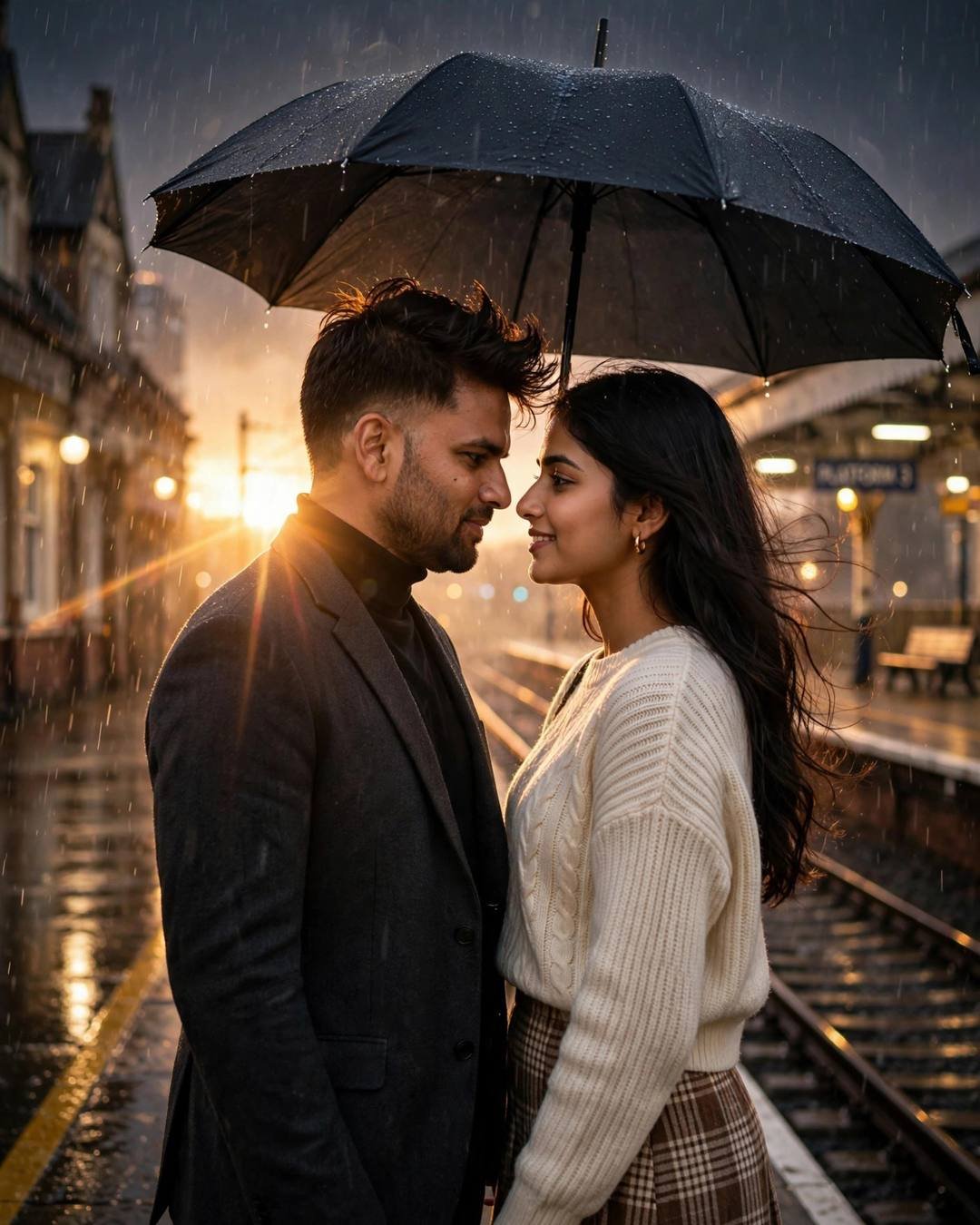 Couple standing face to face under one umbrella on an empty railway platform in golden drizzle, photorealistic