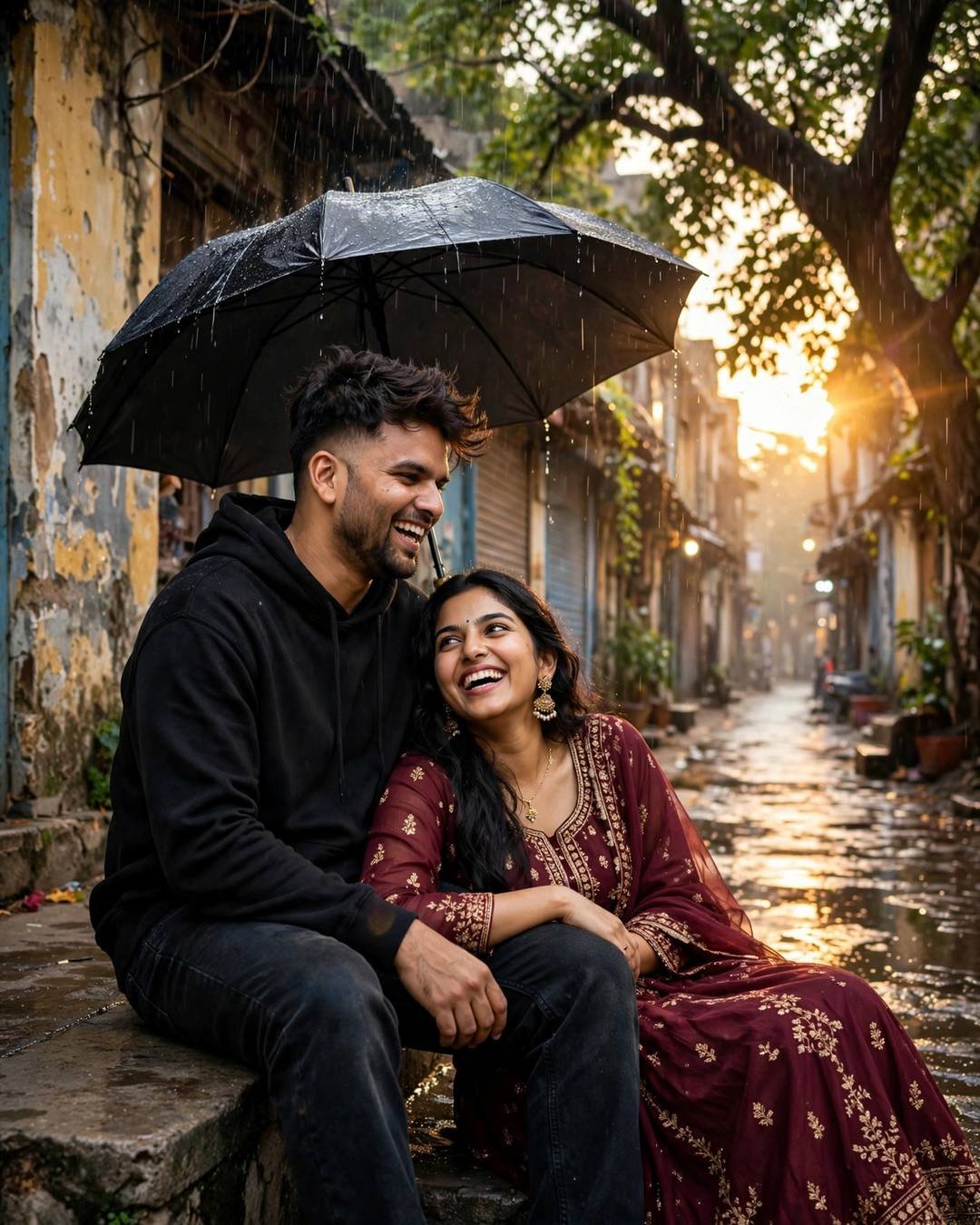 Couple laughing together under one umbrella in a narrow old-city lane at golden hour in drizzle, photorealistic