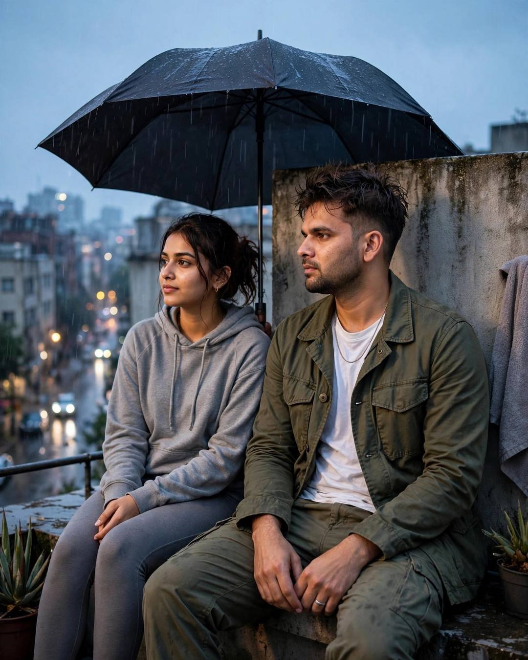 Couple sitting together on a rooftop ledge under an umbrella overlooking a rainy city at blue hour, photorealistic