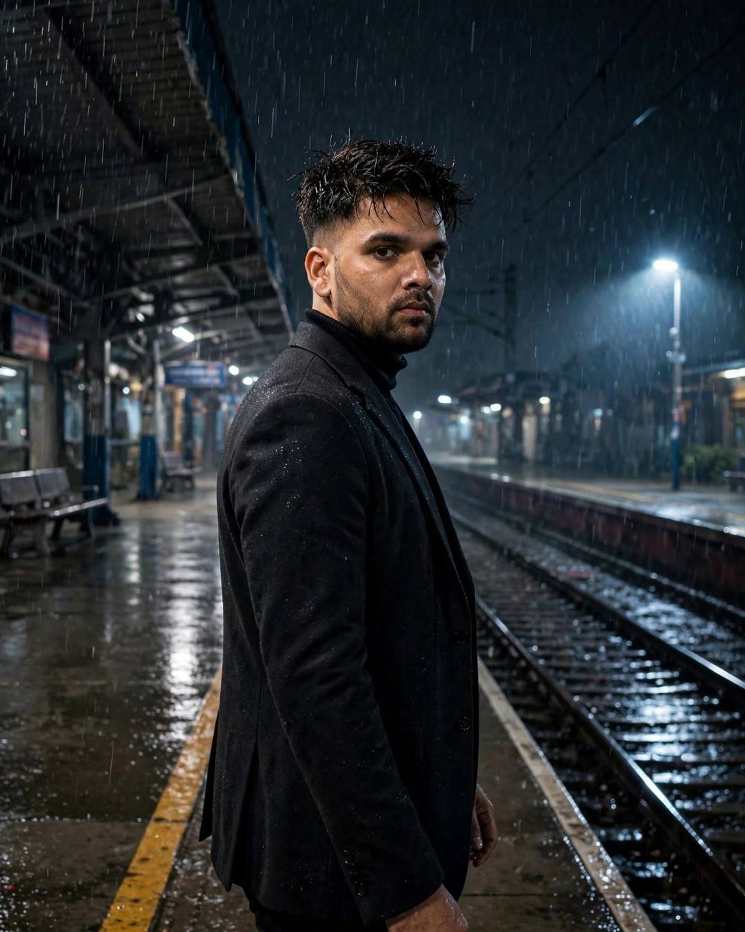 Young man in a charcoal blazer walking away on an empty railway platform at night in rain, turning back to camera, photorealistic