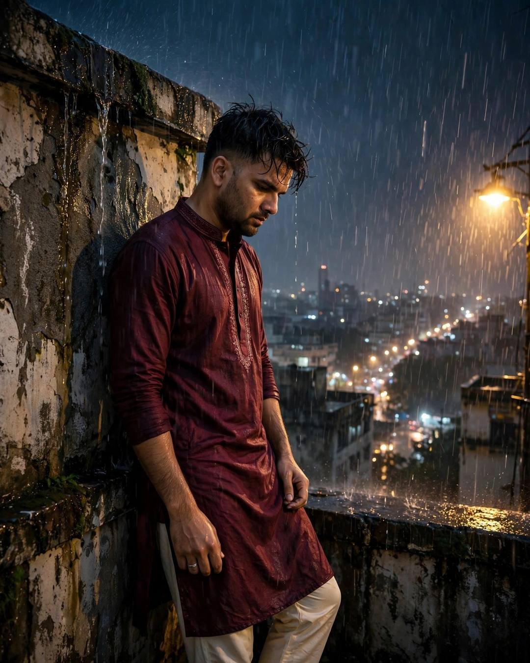 Young man in a maroon kurta leaning against a weathered wall on a rooftop at night in heavy rain, city lights below, photorealistic