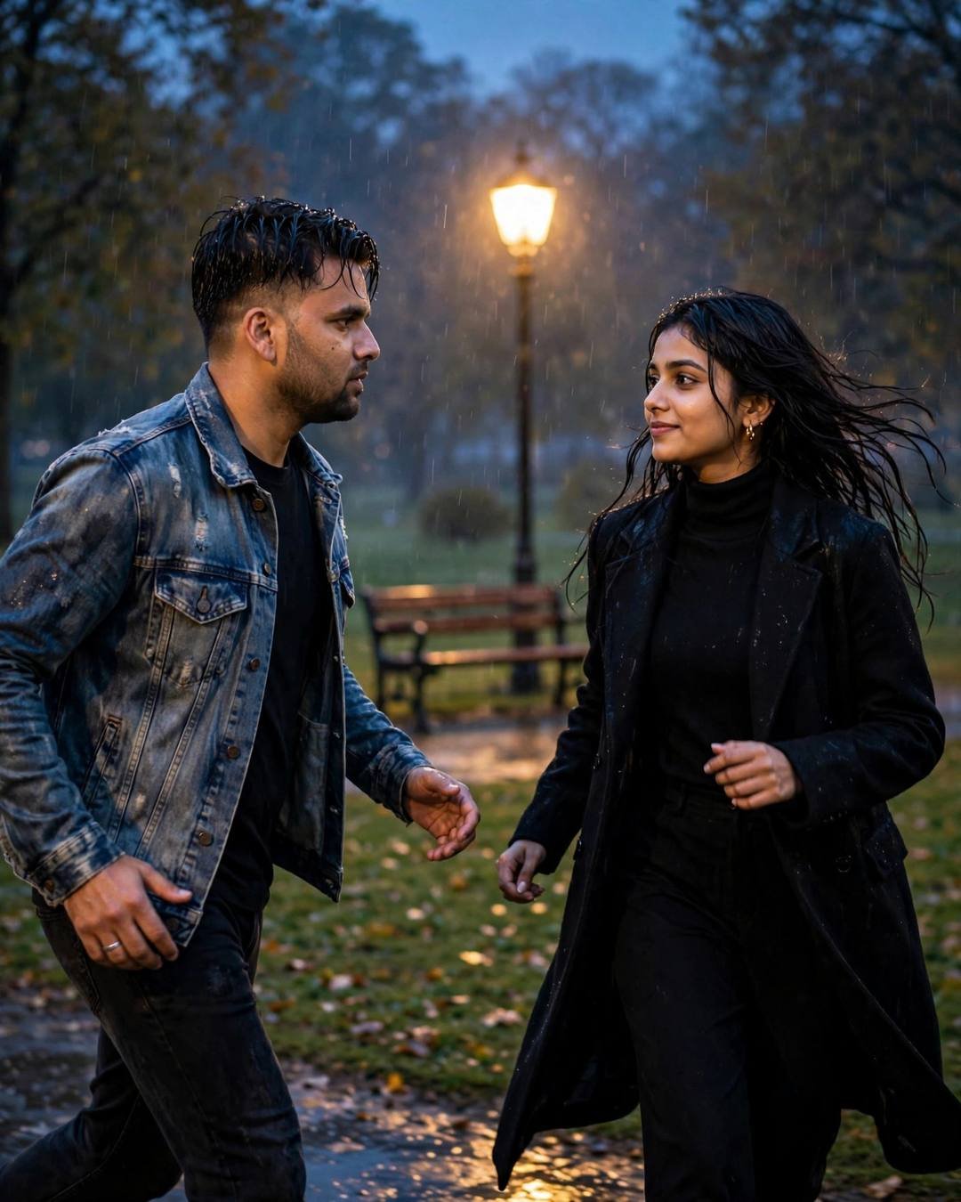 Couple running toward each other across a rain-wet park at blue hour, a lone lamp glowing beside a bench