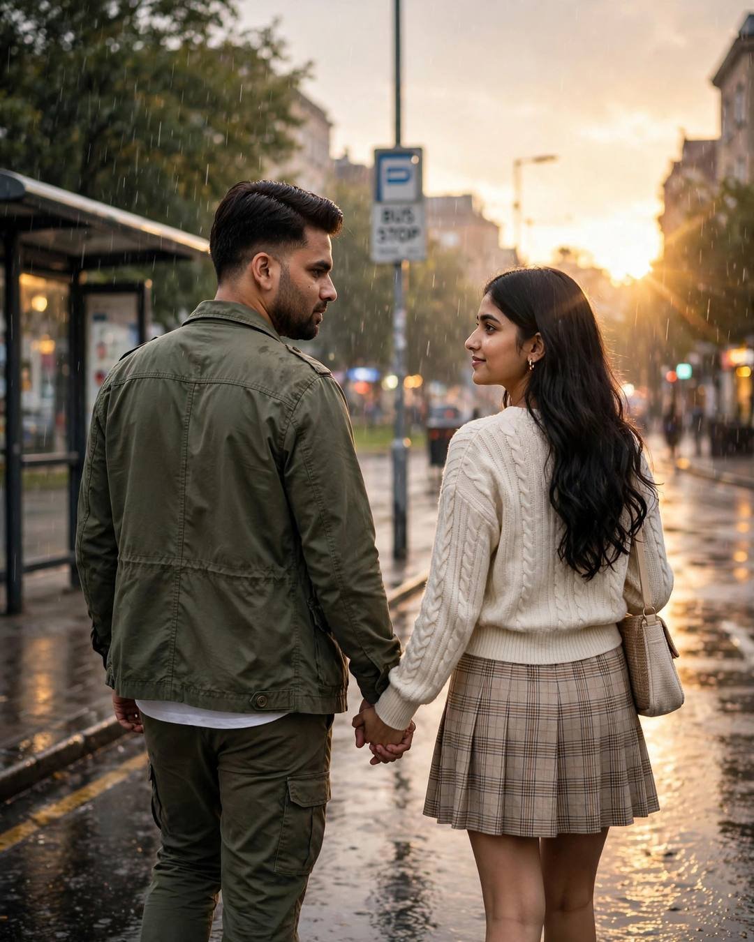 Couple walking hand in hand into a rainy sunset, her backward glance
