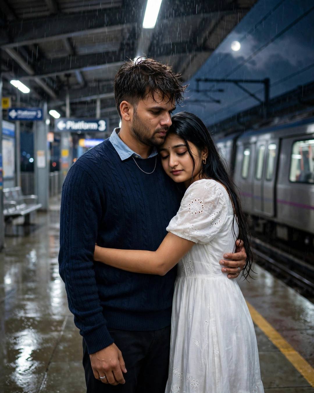 Couple embracing on a metro platform at night in rain, navy sweater, white dress, train waiting, moonlight, photorealistic