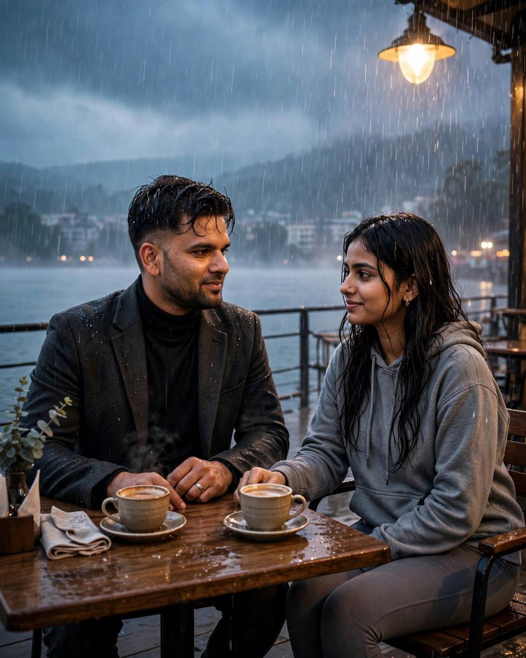 Young Indian couple sitting across a small cafe table with steaming cups in heavy monsoon rain at a lake pier at dawn