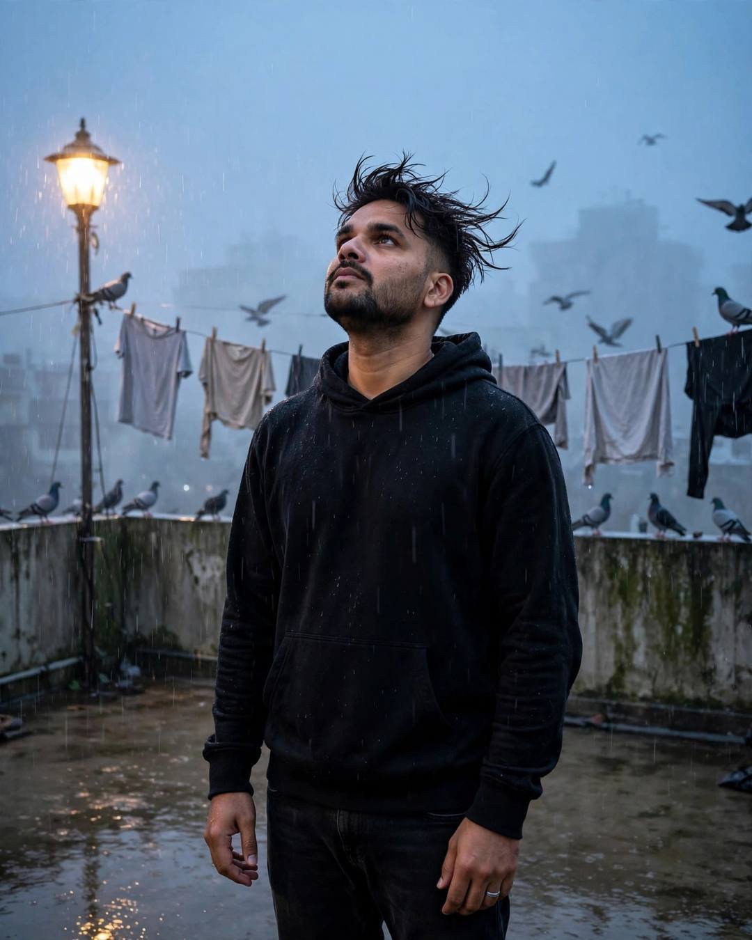 Young man in a black hoodie standing under a streetlamp in the rain on a terrace, face lifted to the sky, pigeons and clotheslines around