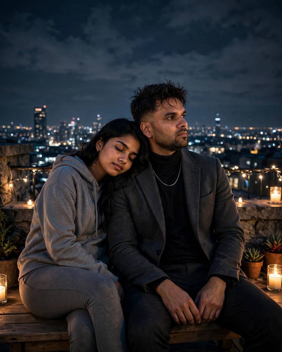 Couple on a candlelit rooftop bench, her head resting on his shoulder