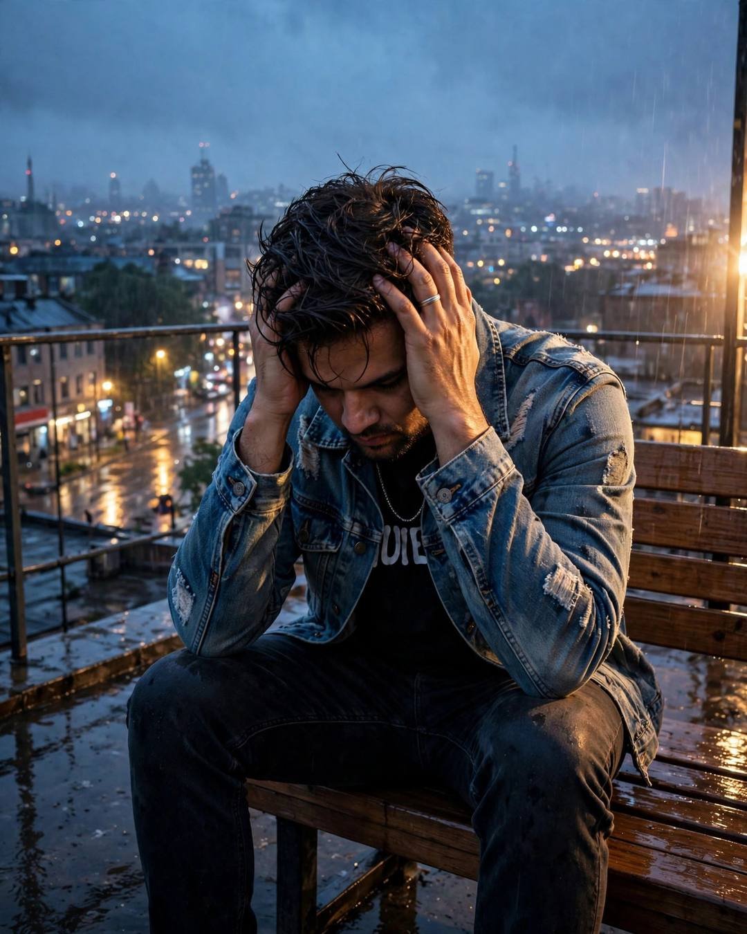 Man in distressed denim jacket sitting on a rooftop bench overlooking city lights after rain at blue hour