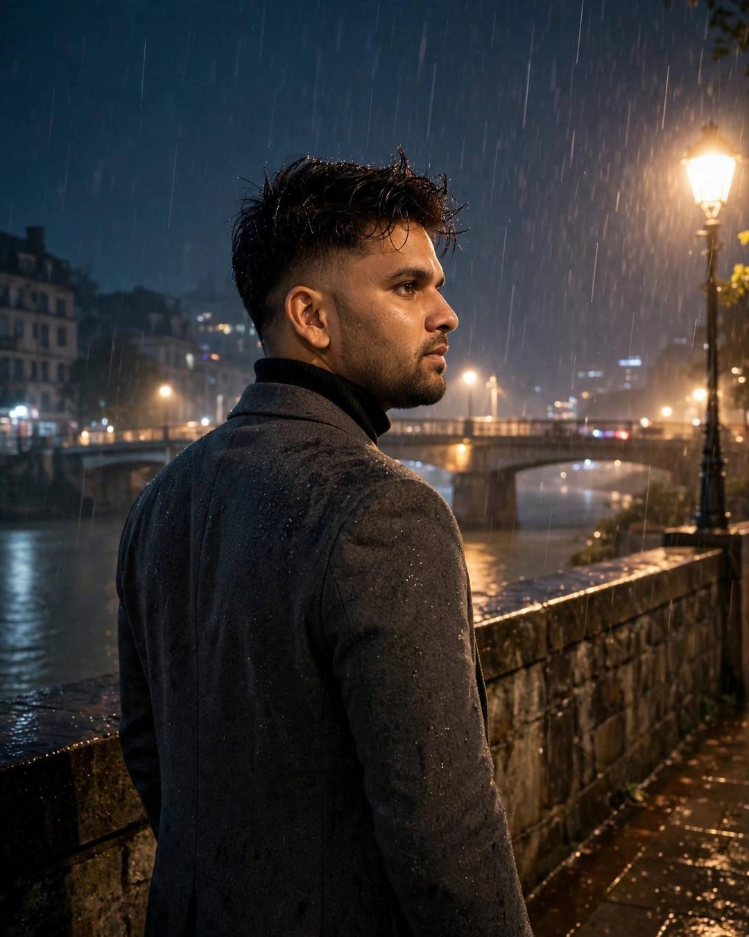 Man in charcoal blazer at a riverside parapet at midnight looking toward a lit bridge in the rain