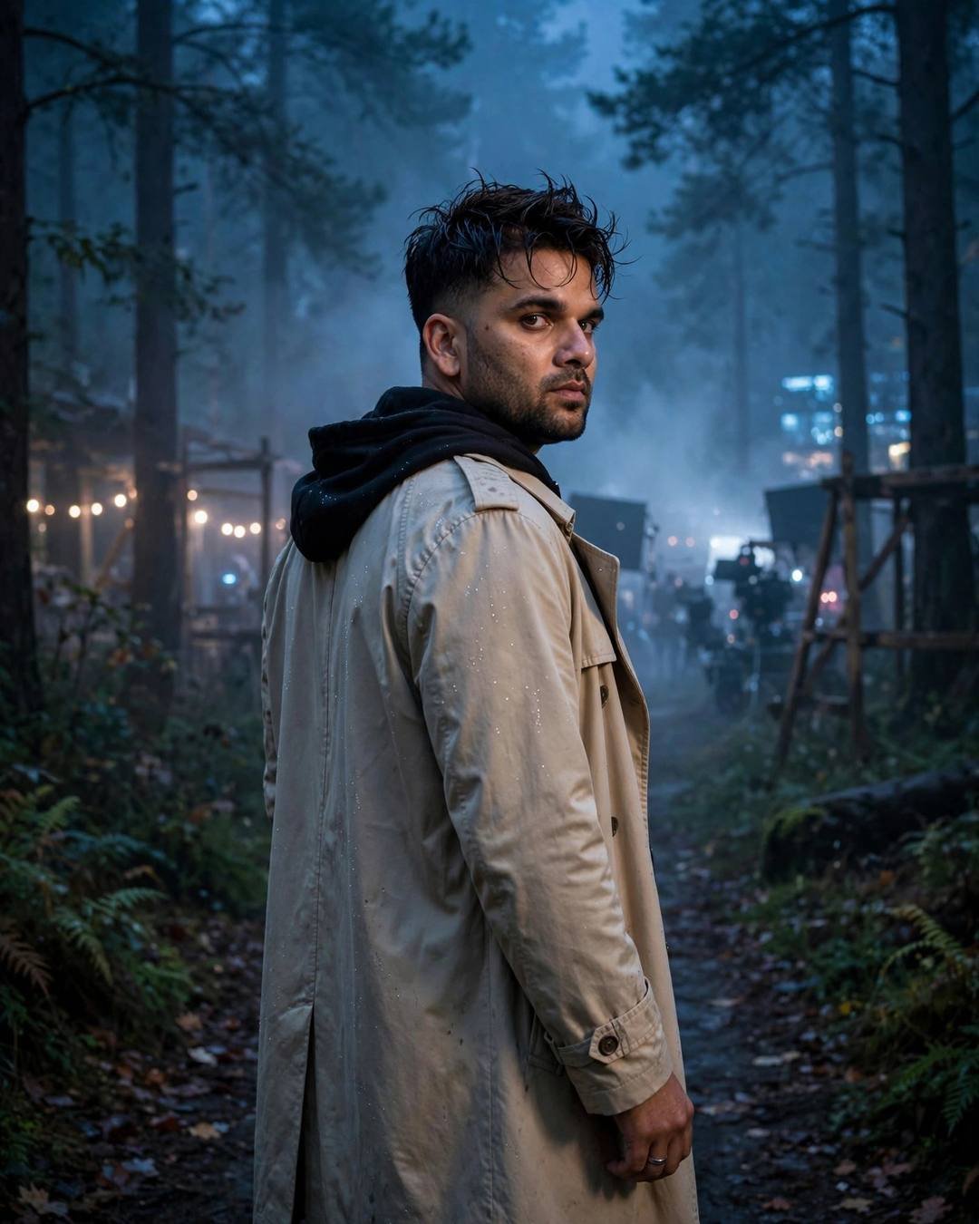 Man in beige trench coat looking back over his shoulder on a misty forest path at midnight