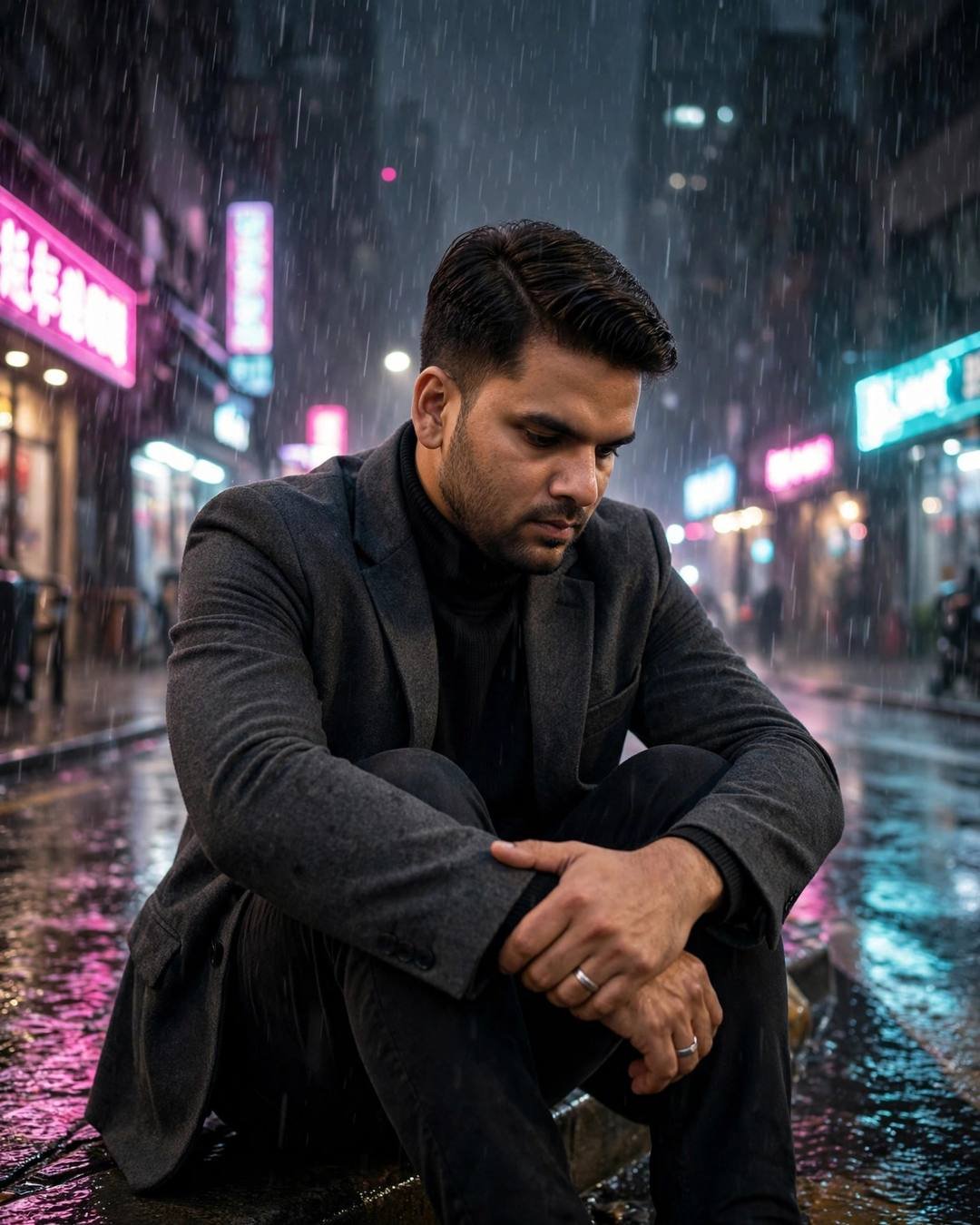 Man in charcoal blazer sitting in heavy rain on a neon-lit city street at midnight