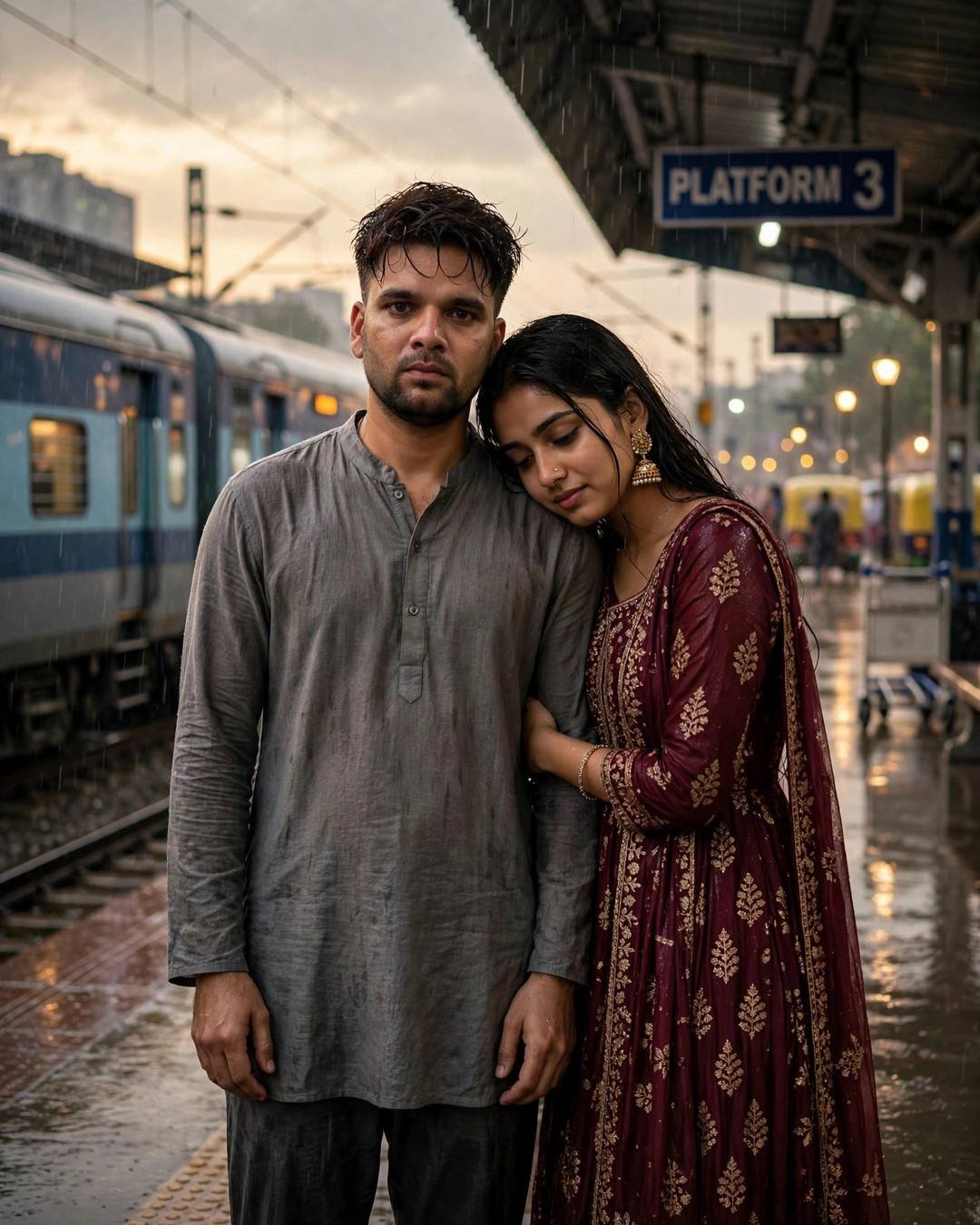 Couple standing close on a railway platform at golden hour, her head on his shoulder, train waiting, photorealistic
