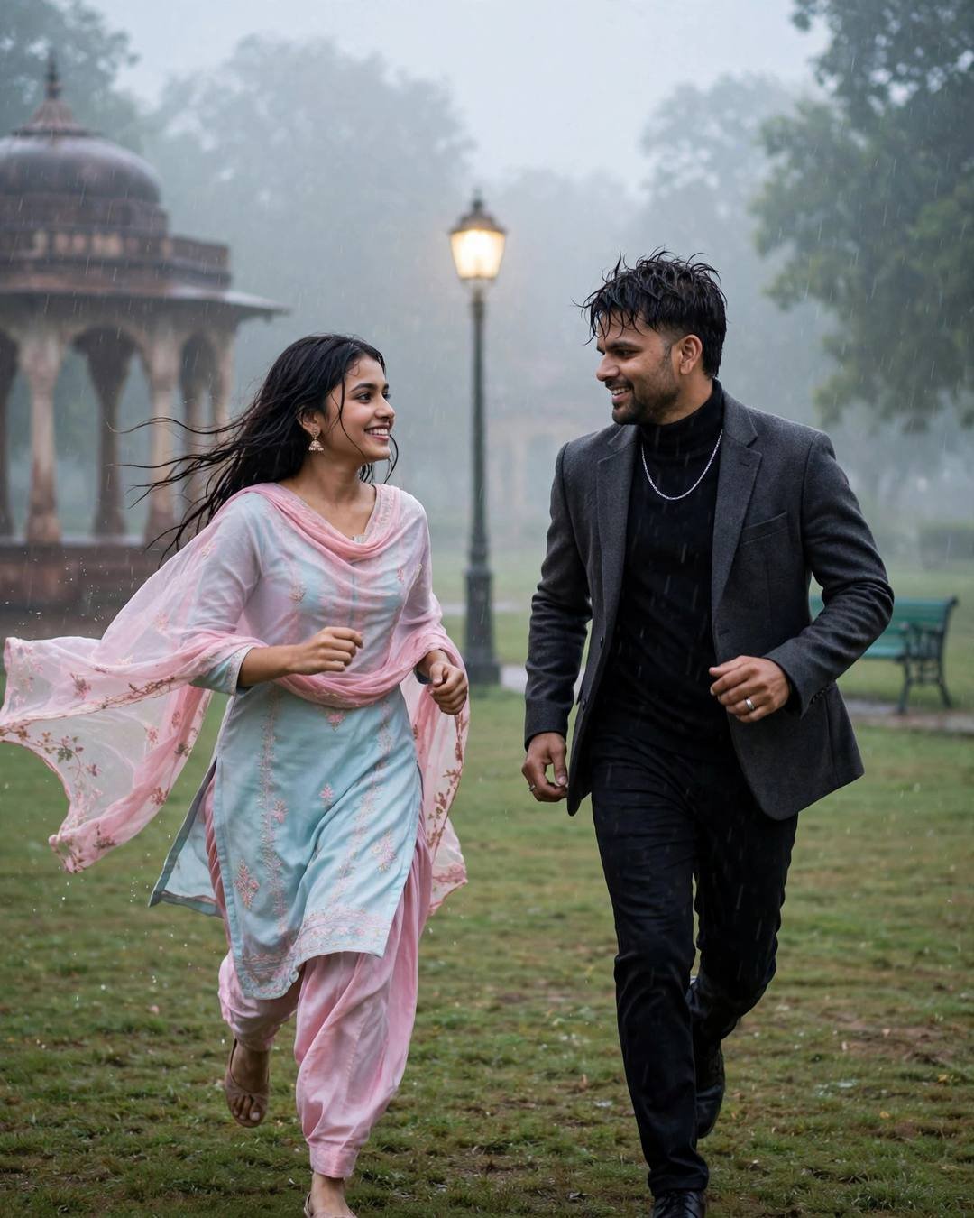 Couple laughing while running through rain in a heritage garden, pastel dupatta flying