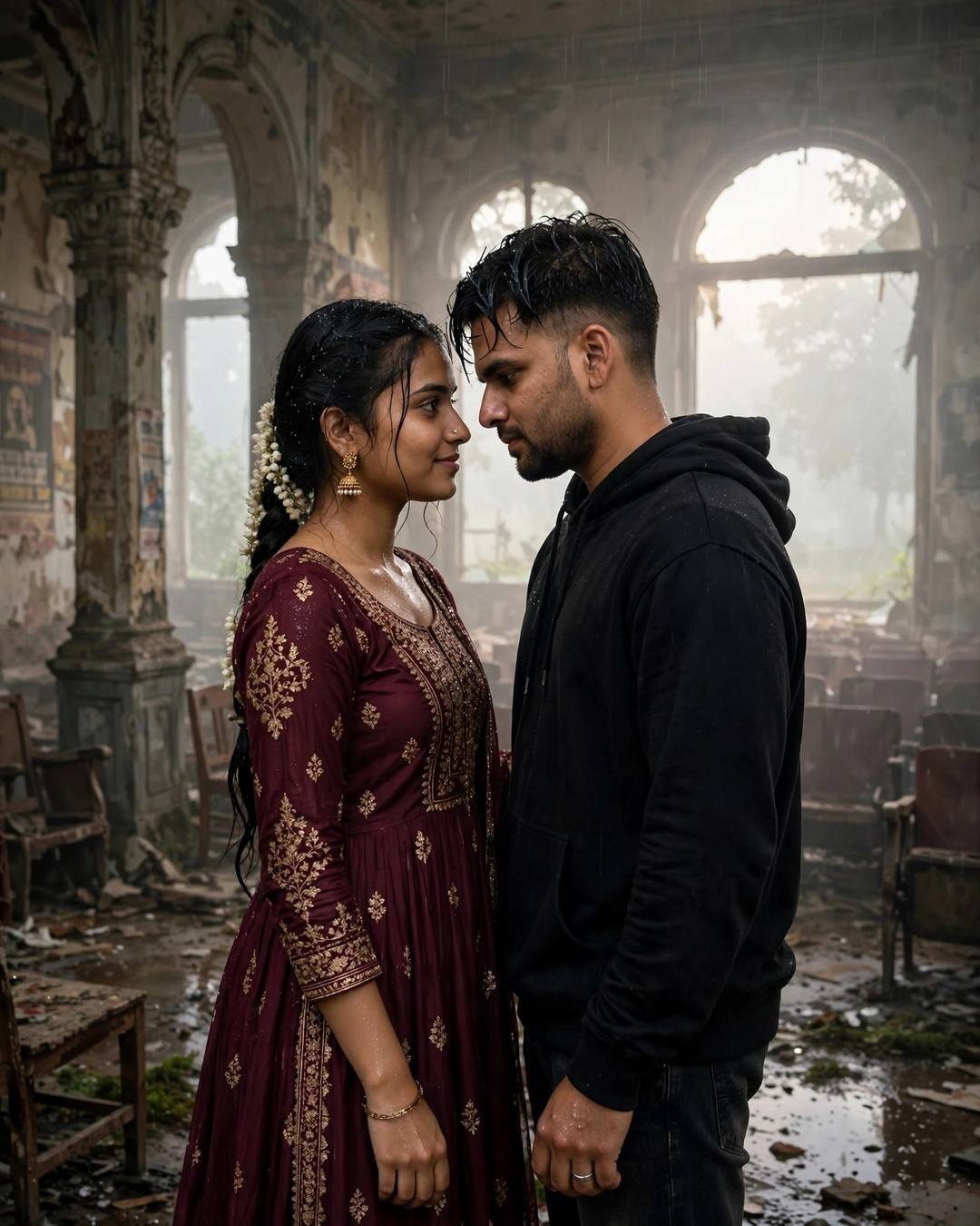 Couple with foreheads almost touching inside a foggy abandoned cinema hall