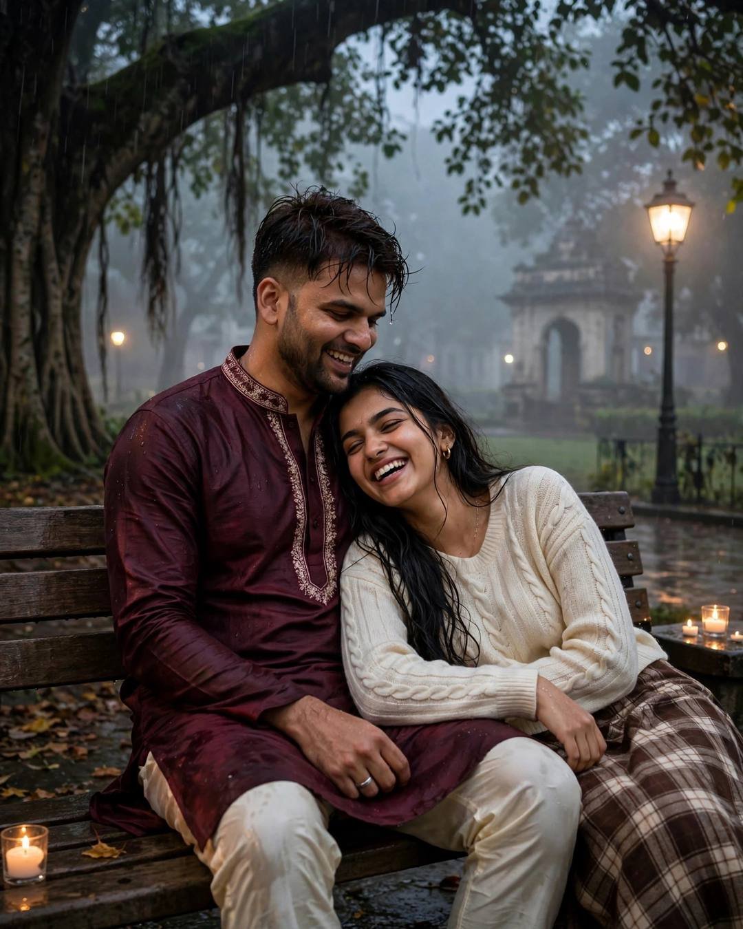 Couple laughing on a foggy park bench with lit candles, her head on his shoulder