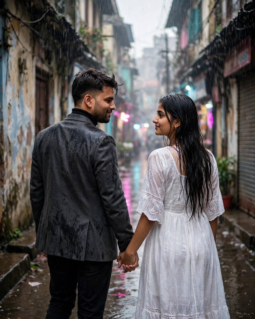 Couple holding hands and exchanging a glance in a rain-soaked old-city lane with neon pink and cyan reflections