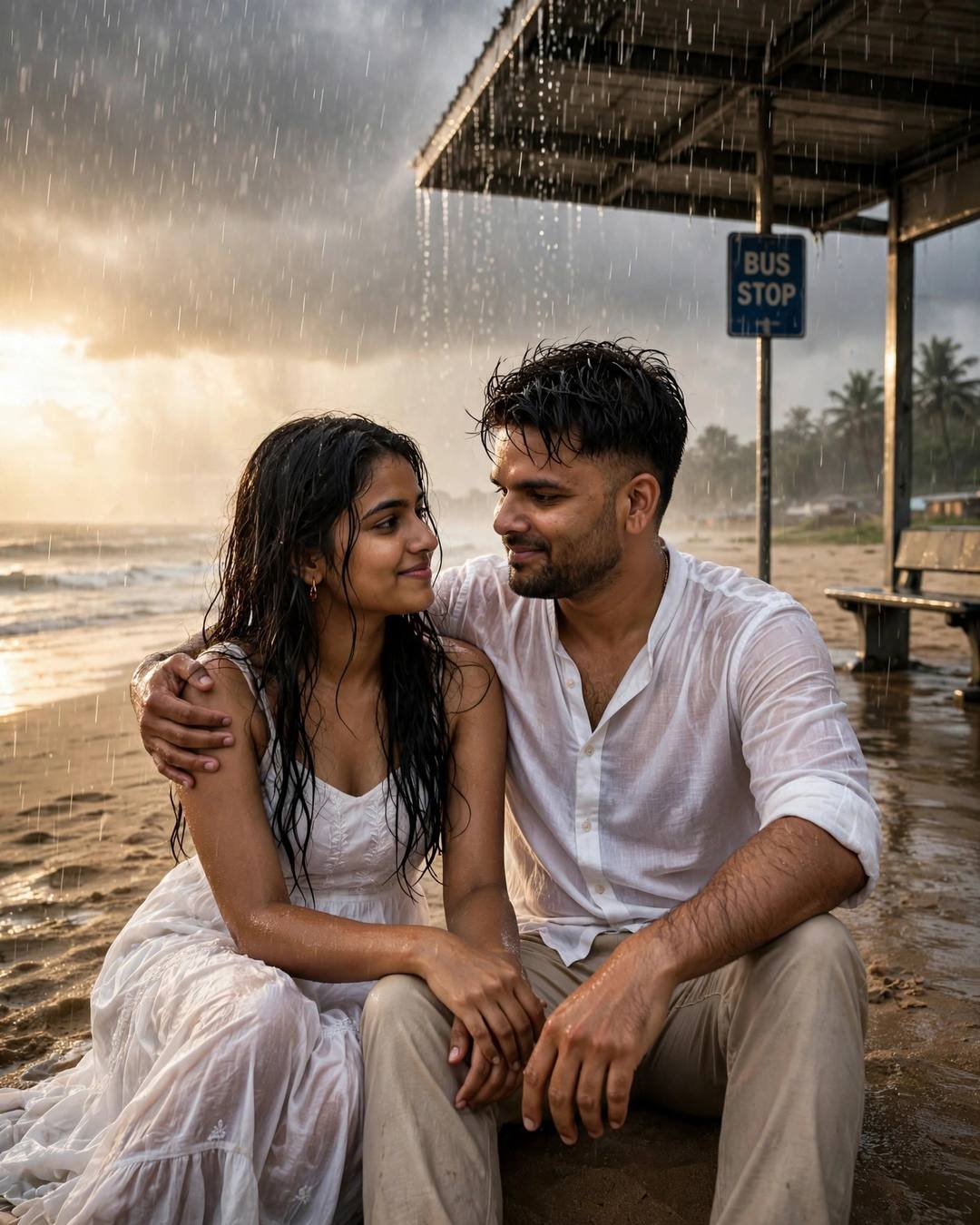 Couple sitting on wet sand at a bus stop in heavy monsoon rain at dawn, his arm around her