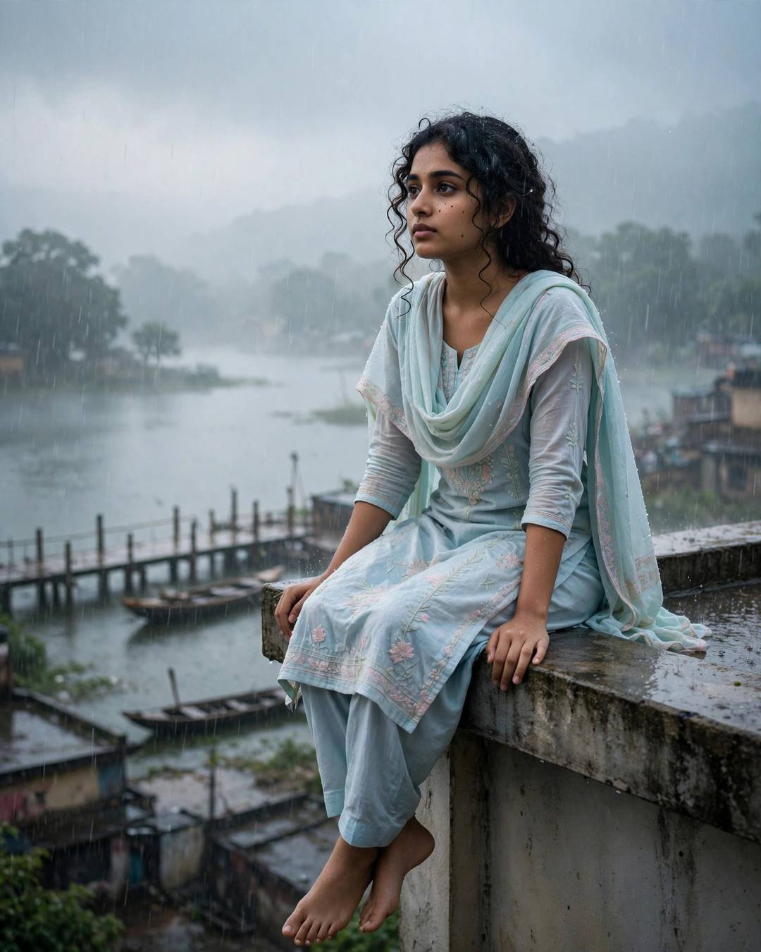Young Indian woman in pastel salwar-kameez with dupatta sitting on a rooftop ledge with legs dangling, stringing marigolds above a misty lake in rain
